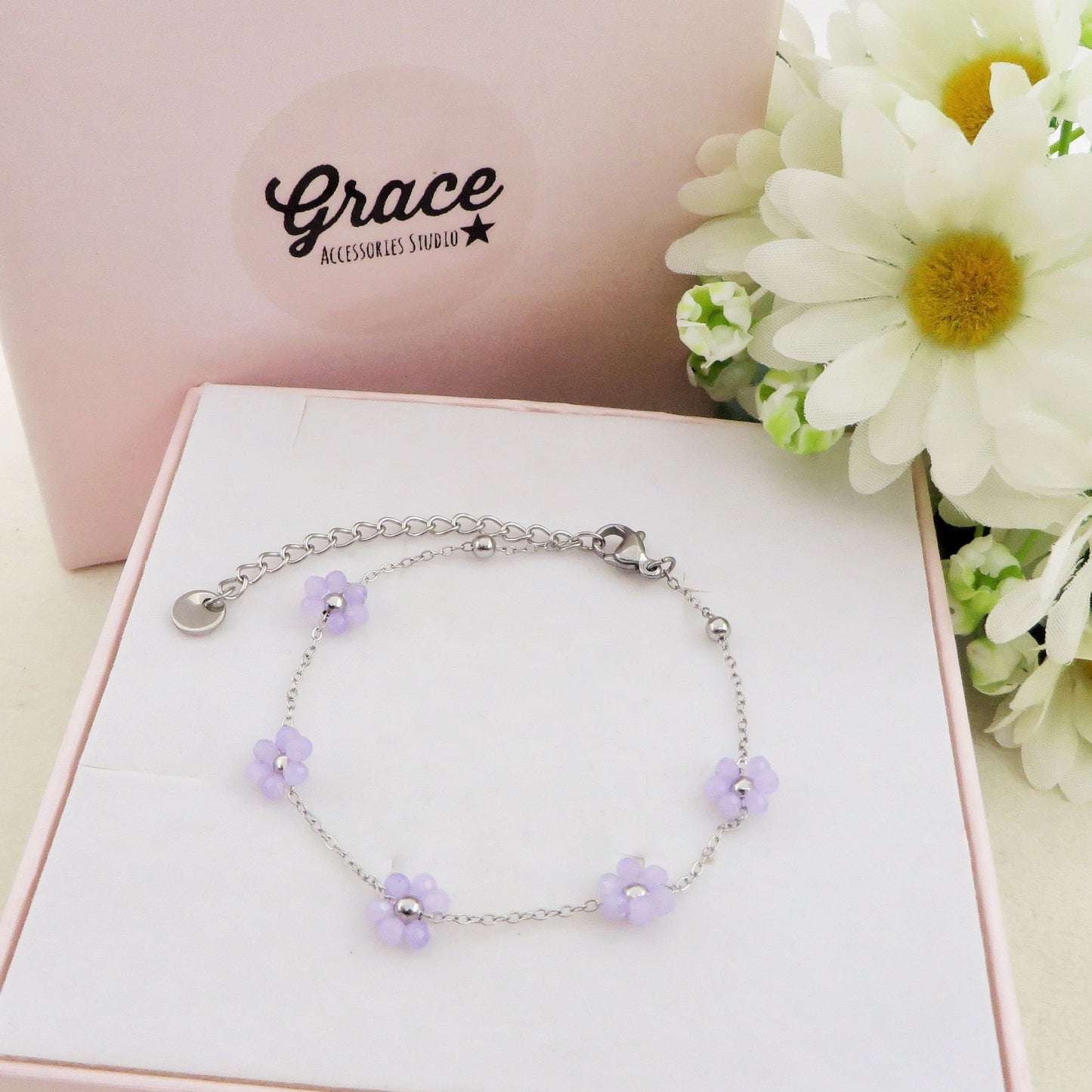 DAISY LILAC SET~ S et Collana + Bracciale fiori in Acciaio inossidabile con cristalli