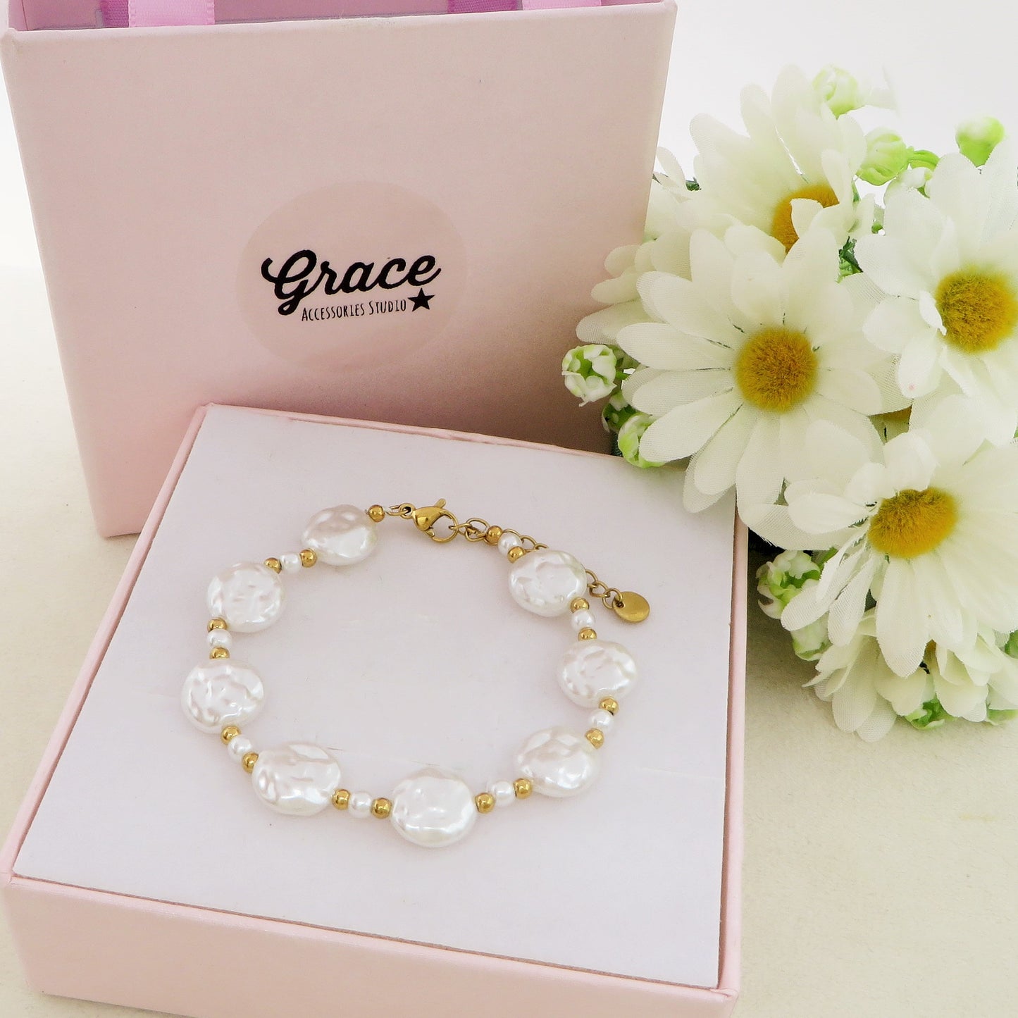 MINERVA ~ Bracciale perla barocca in Acciaio inossidabile