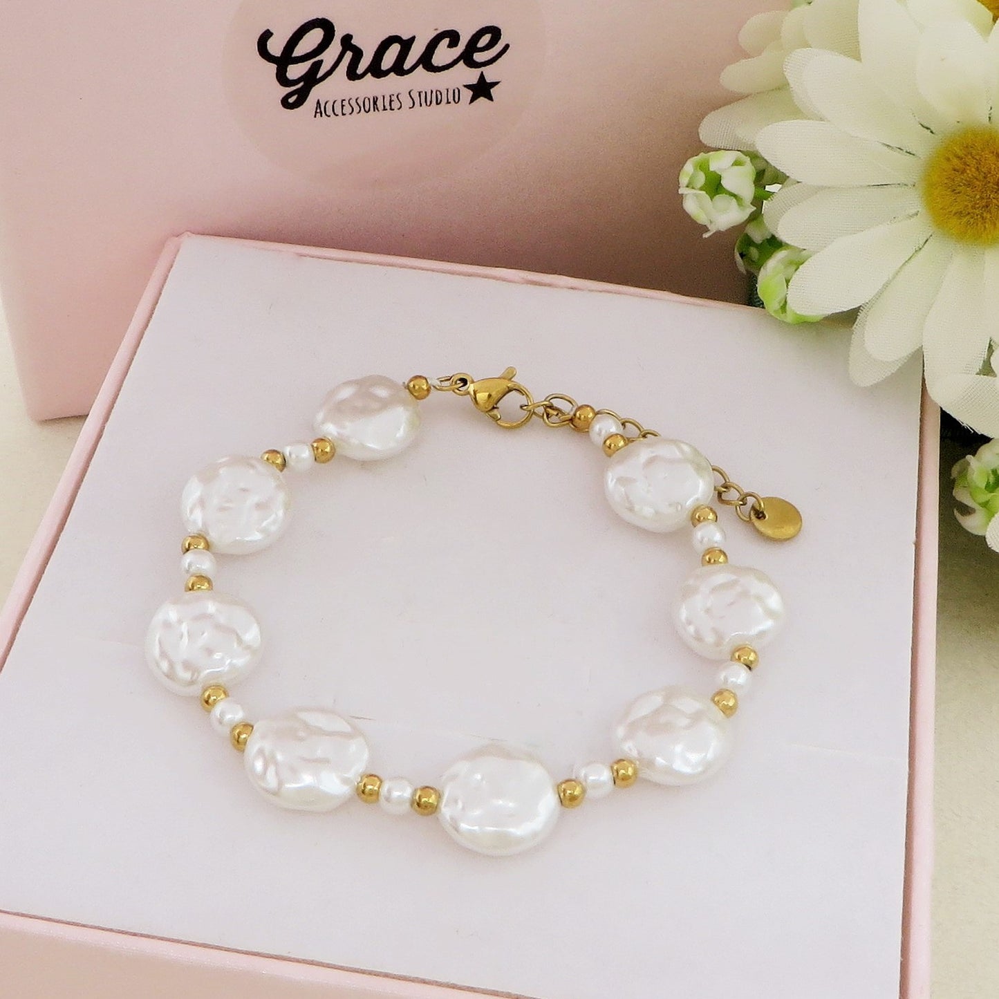 MINERVA ~ Bracciale perla barocca in Acciaio inossidabile