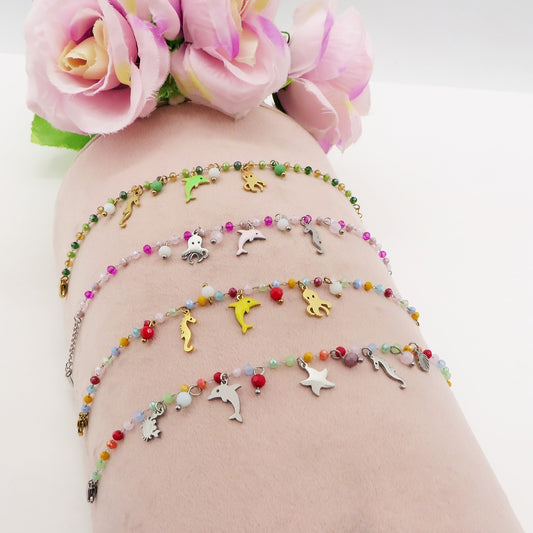 FLORIDA ~ Bracciale ACCIAIO INOSSIDABILE con cristalli e ciondoli marini