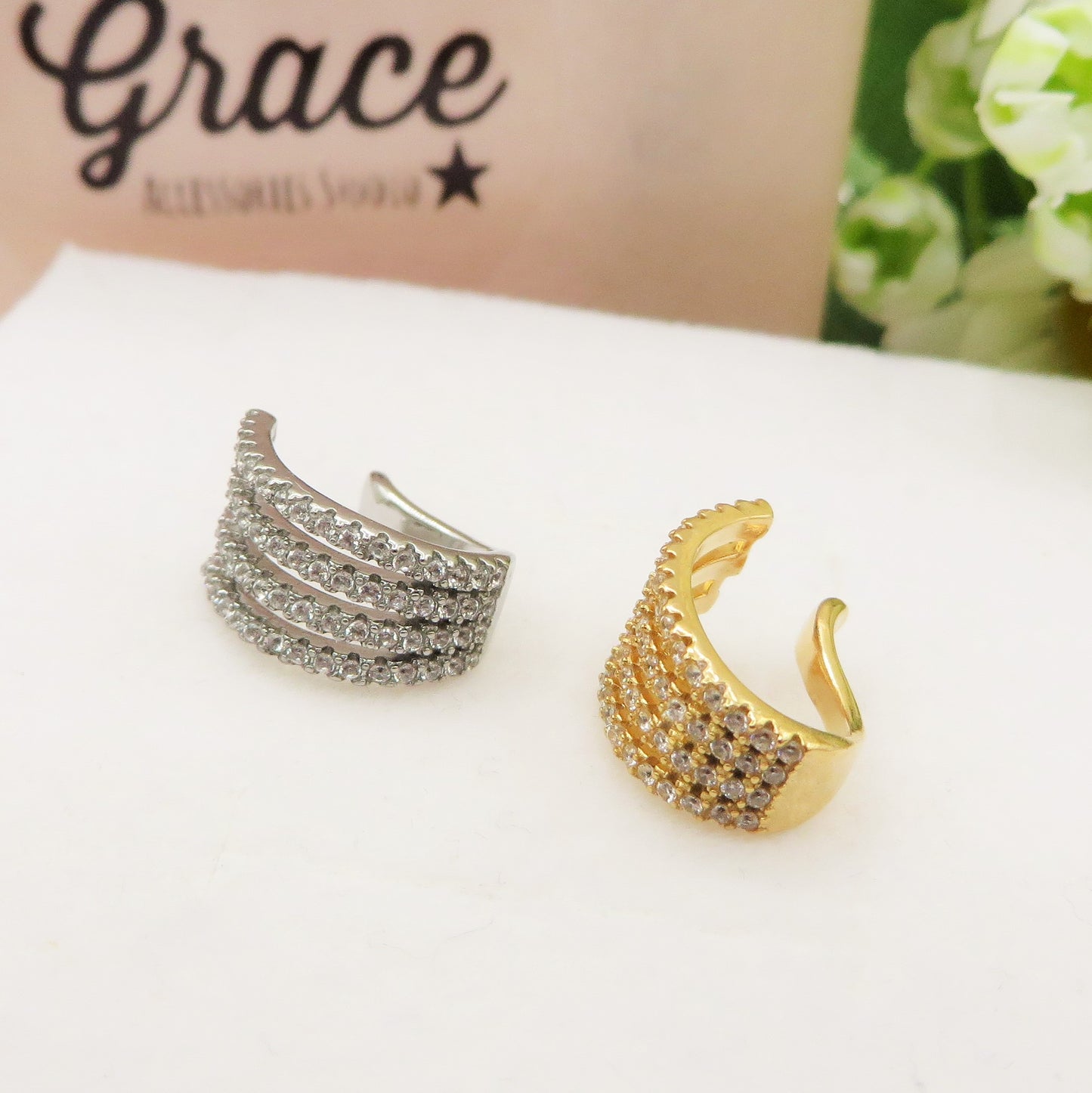 EARCUFF 4 fili ~ ACCIAIO Inossidabile orecchino Senza buco zirconato con cubic zirconia