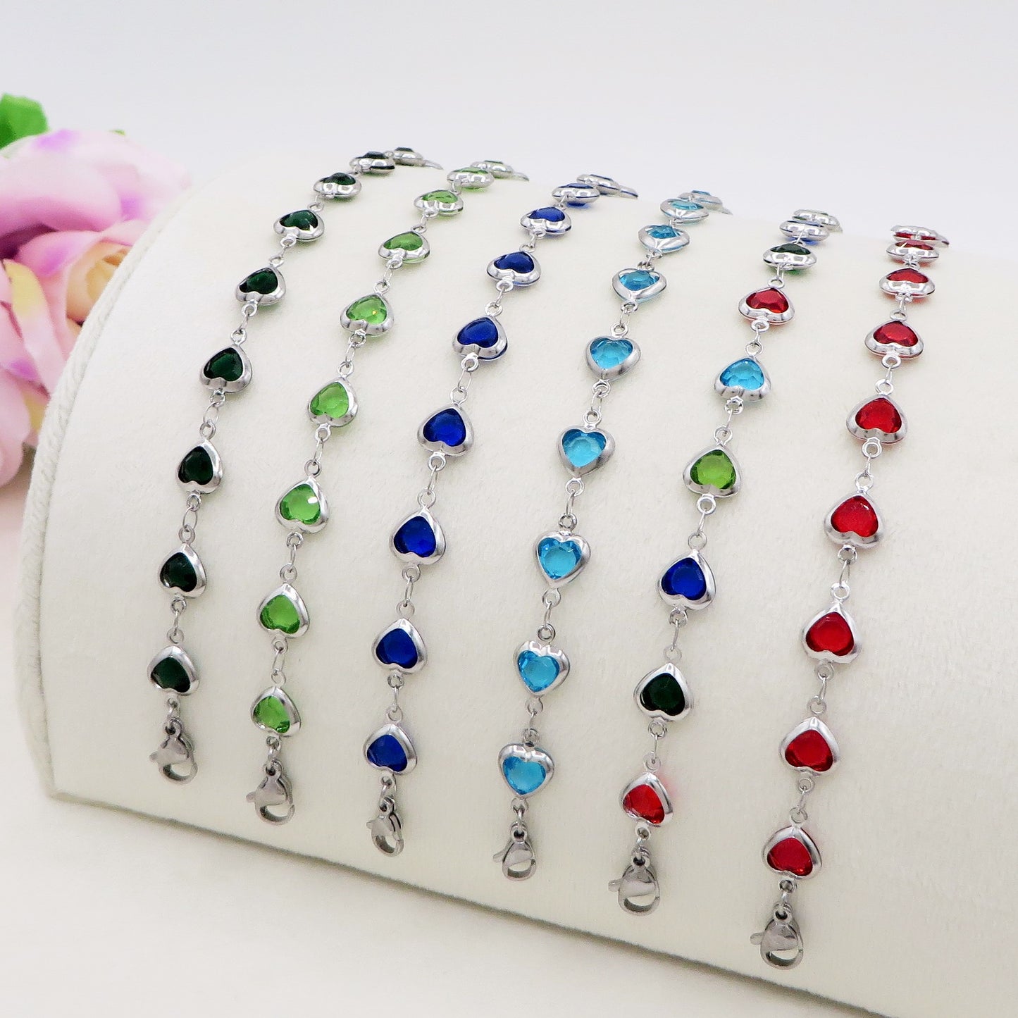 JANE ~ Bracciale ACCIAIO INOSSIDABILE con cuoricini in cristallo