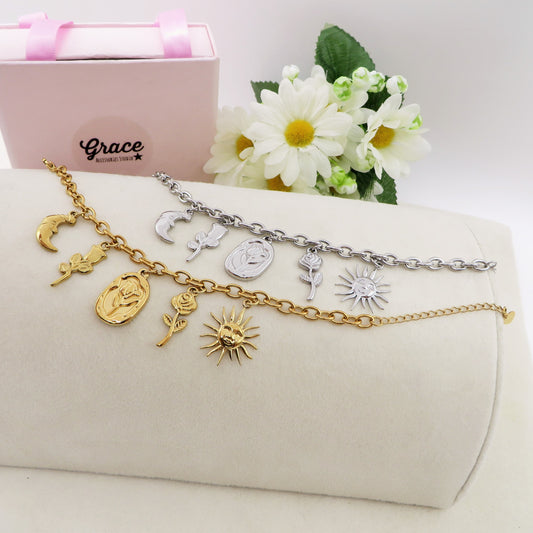 YOU'RE MY SUN - Bracciale con sole. fiore,rosa, luna pendenti charms ACCIAIO INOSSIDABILE