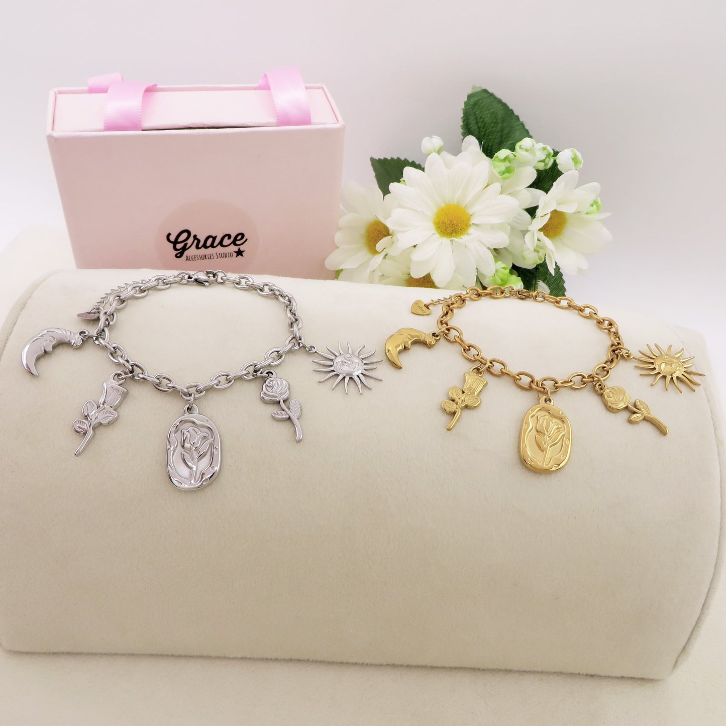 YOU'RE MY SUN - Bracciale con sole. fiore,rosa, luna pendenti charms ACCIAIO INOSSIDABILE