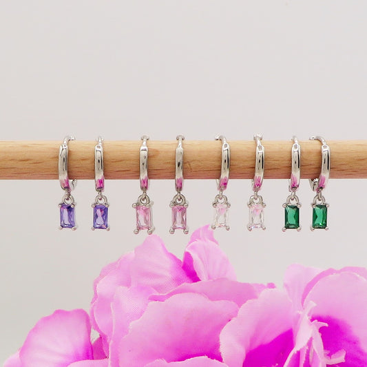 NATALIE HOOP ~MONO Orecchino ARGENTO 925 cerchietto con pendente cubic zirconia taglio baguette