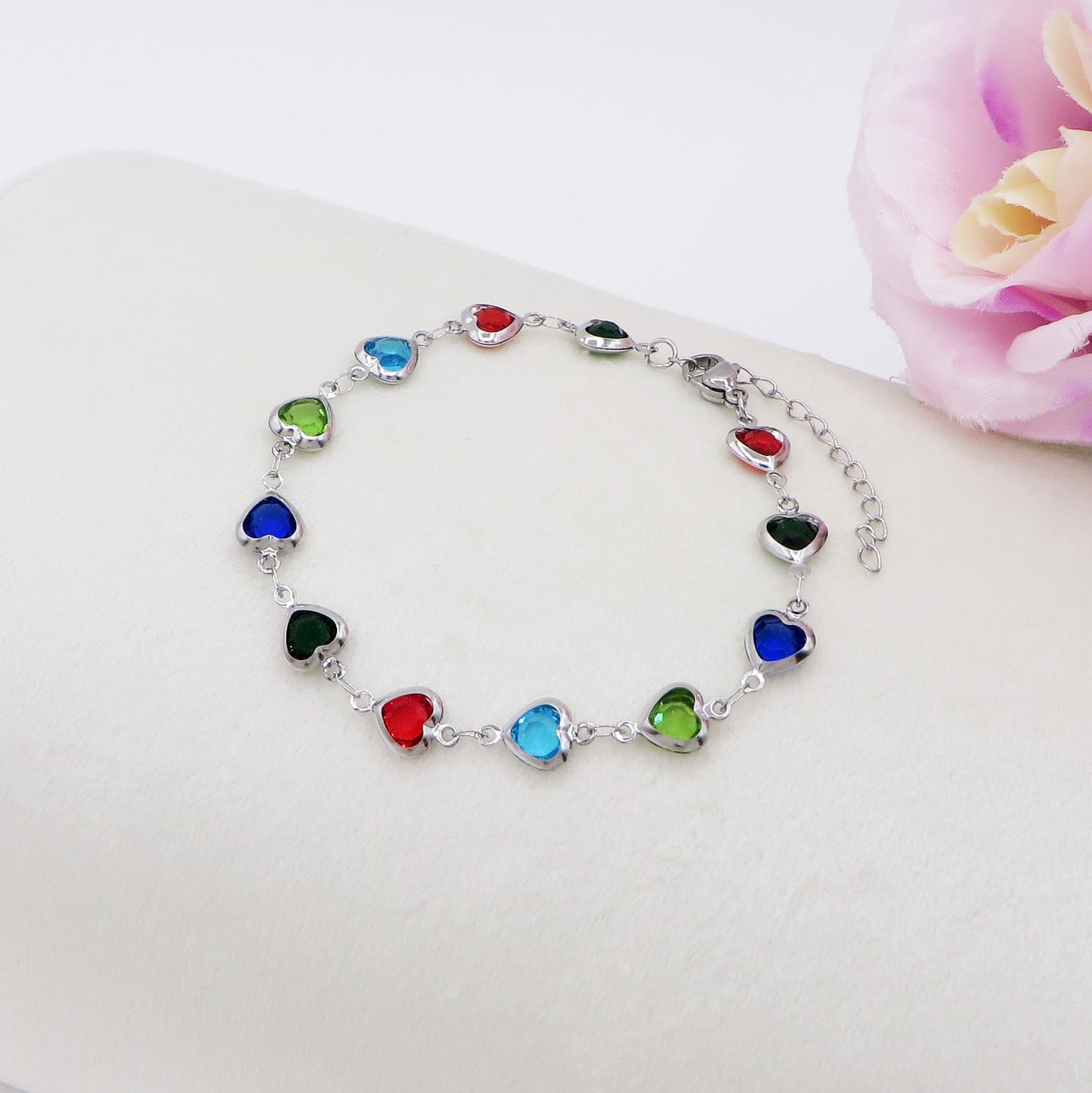 JANE ~ Bracciale ACCIAIO INOSSIDABILE con cuoricini in cristallo
