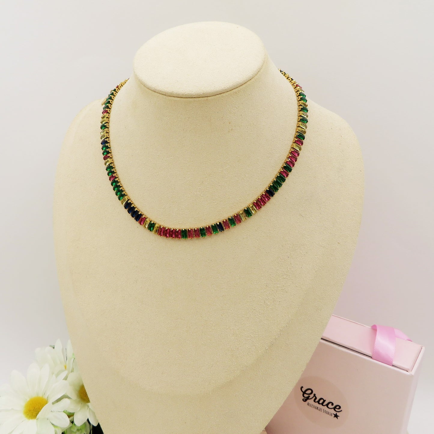 JULIANNE AUTUMN RAINBOW ~ ACCIAIO INOSSIDABILE- GIROCOLLO CON ZIRCONI A BAGUETTE