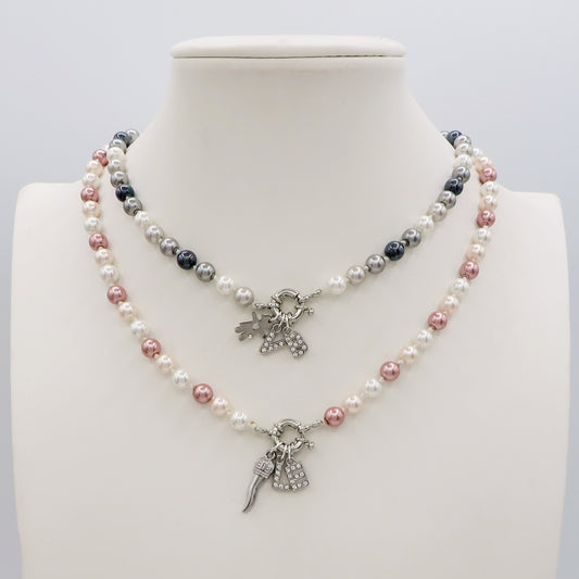 Collana perla bicolor PERSONALIZZATA ~ Timone con Doppia INIZIALE Zirconata in Acciaio inossidabile