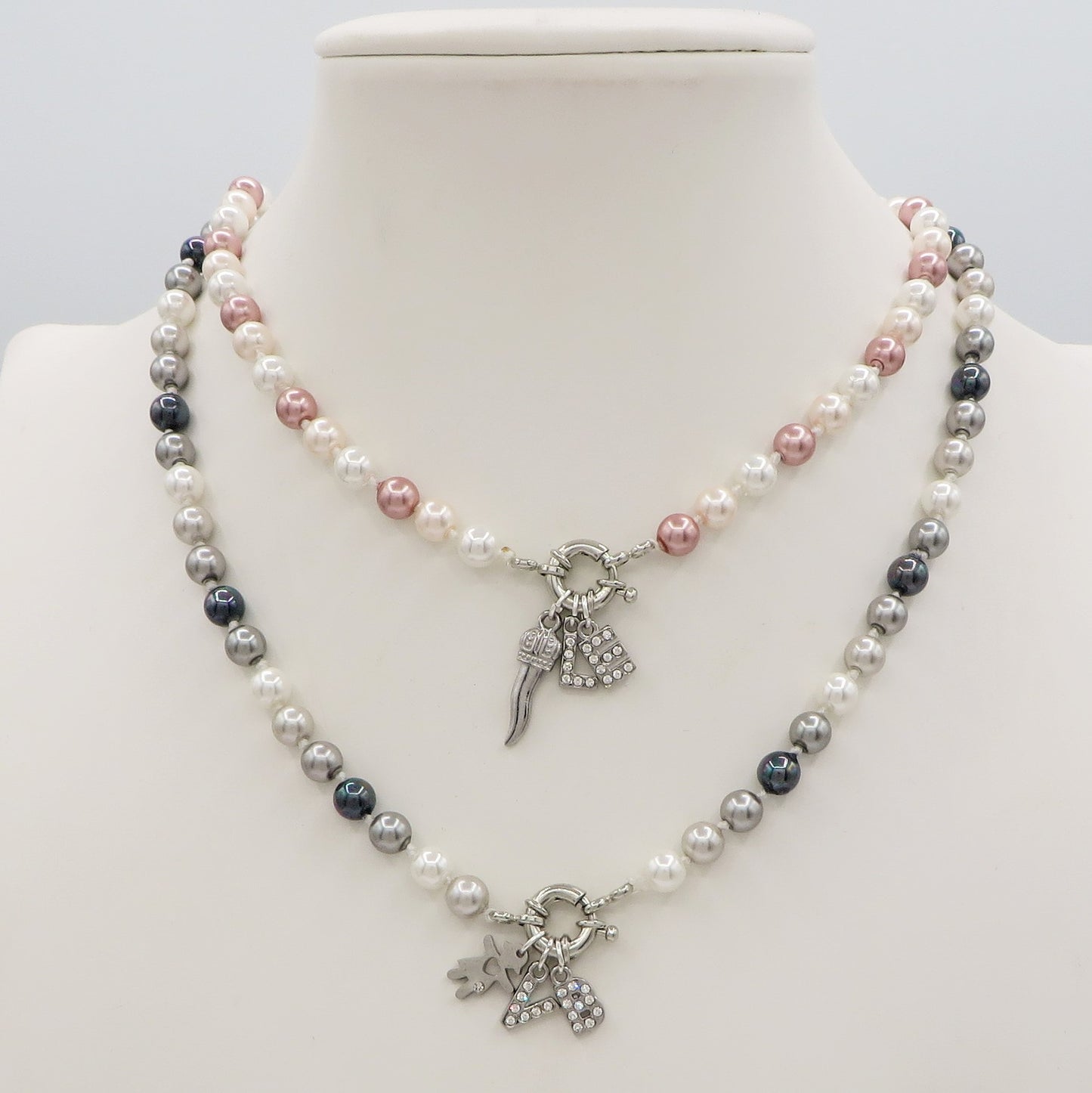 Collana perla bicolor PERSONALIZZATA ~ Timone con Doppia INIZIALE Zirconata in Acciaio inossidabile