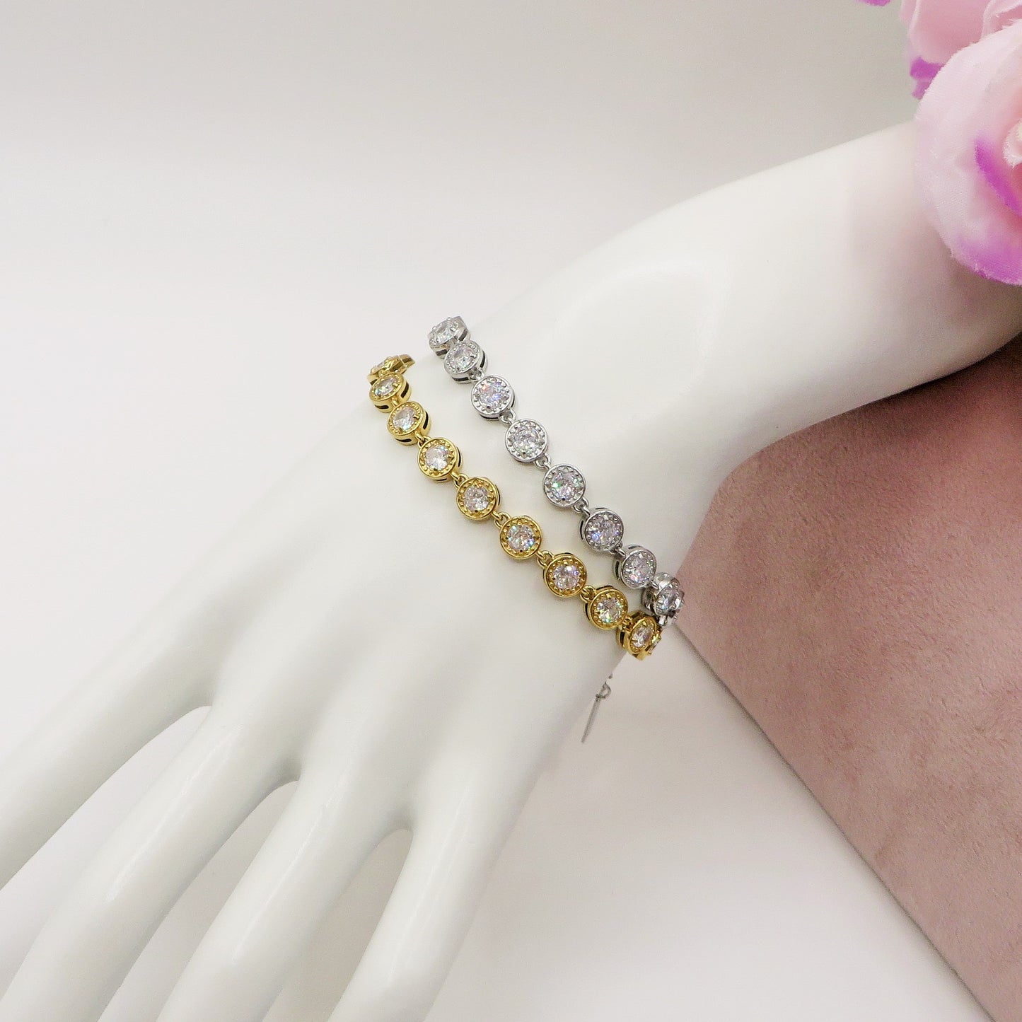 DELILAH ~ ACCIAIO INOSSIDABILE - bracciale Tennis con Cubic Zirconia rotondi