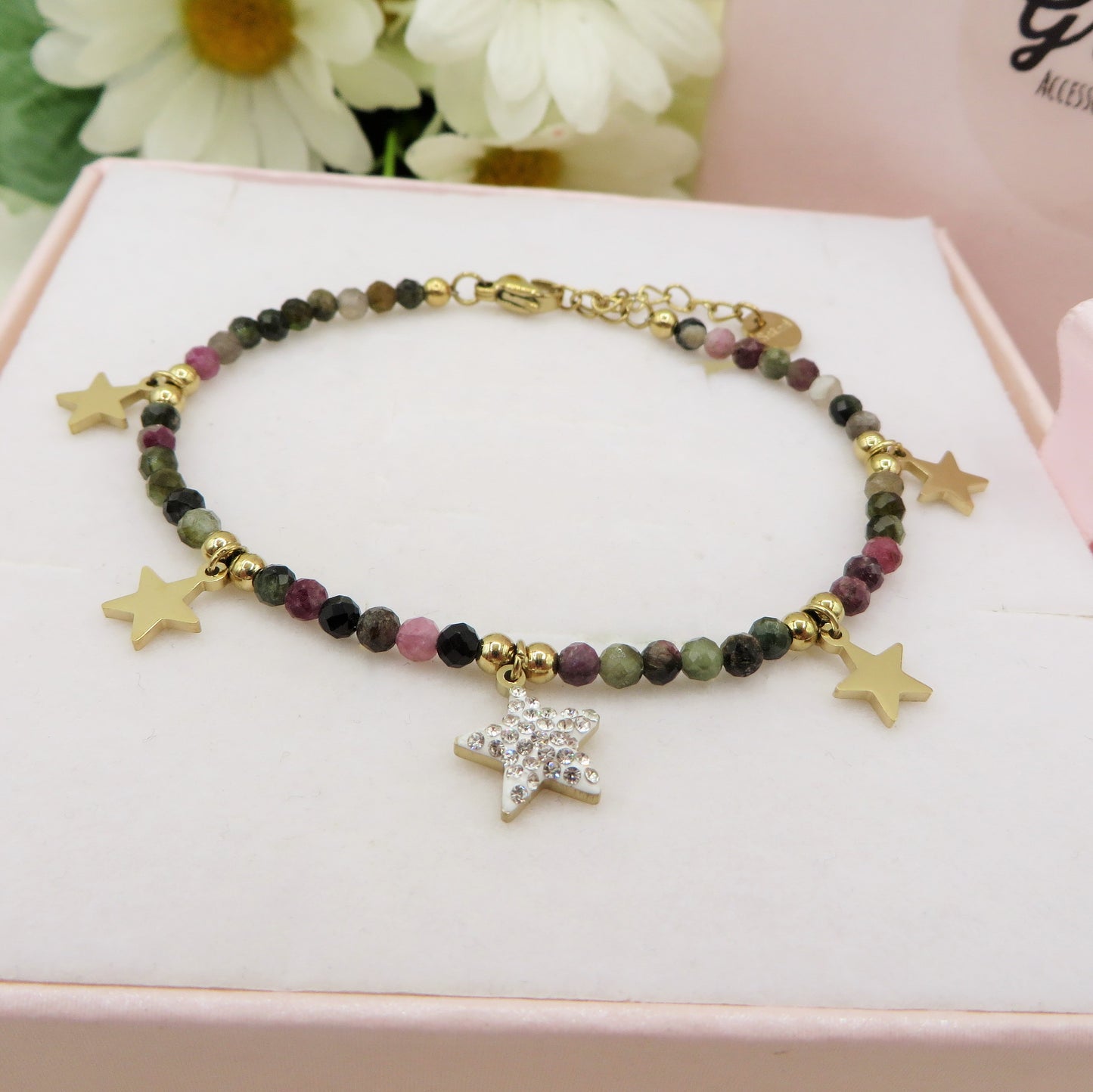 ROXY ~ Bracciale ACCIAIO INOSSIDABILE con cristalli e ciondoli stelline in cubic zirconia