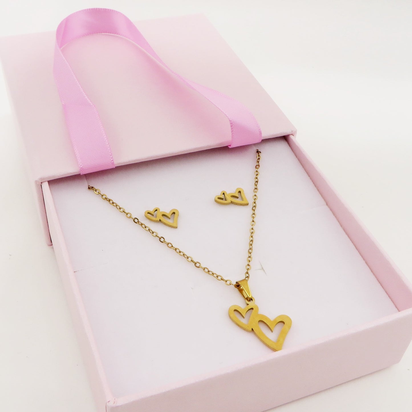 ROSHANA SET ~ ACCIAIO INOSSIDABILE Collana e orecchini lobo doppio cuore