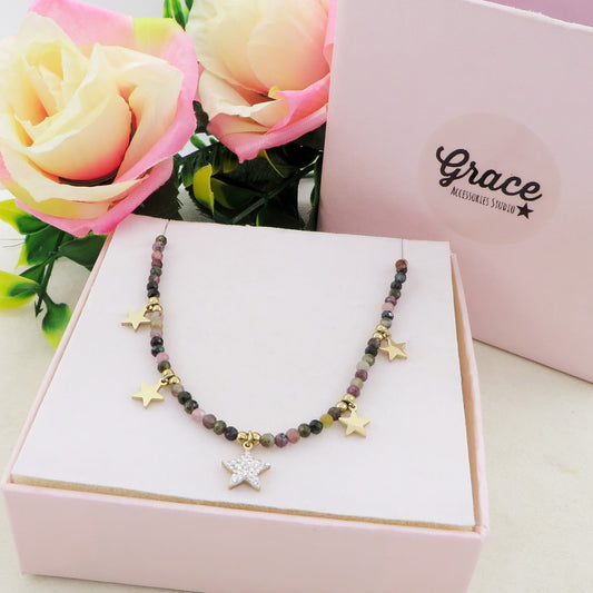 ROXY ~ Collana ACCIAIO INOSSIDABILE con cristalli e ciondoli stelline in cubic zirconia