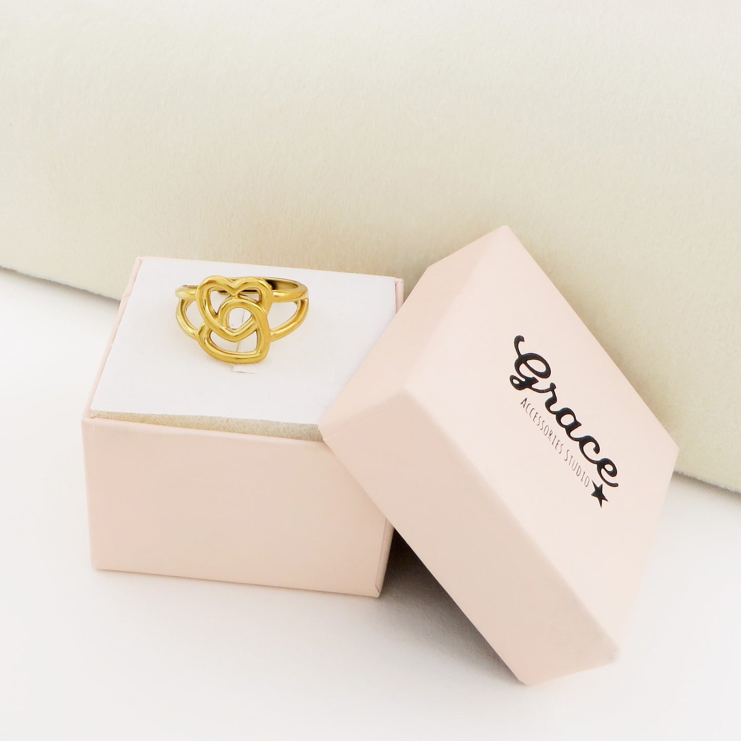 KENDRA Anello doppio cuore placcato oro 18k ~ ACCIAIO INOSSIDABILE misura regolabile