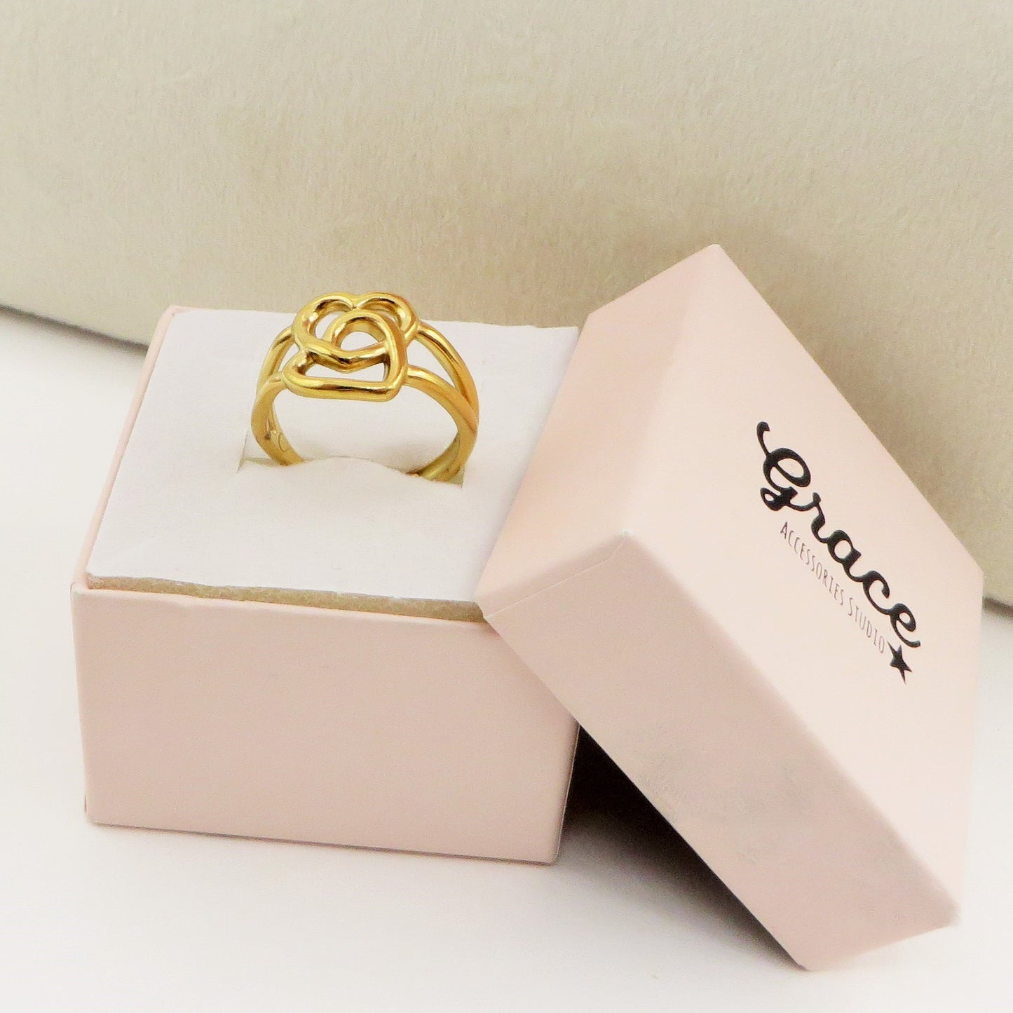 KENDRA Anello doppio cuore placcato oro 18k ~ ACCIAIO INOSSIDABILE misura regolabile