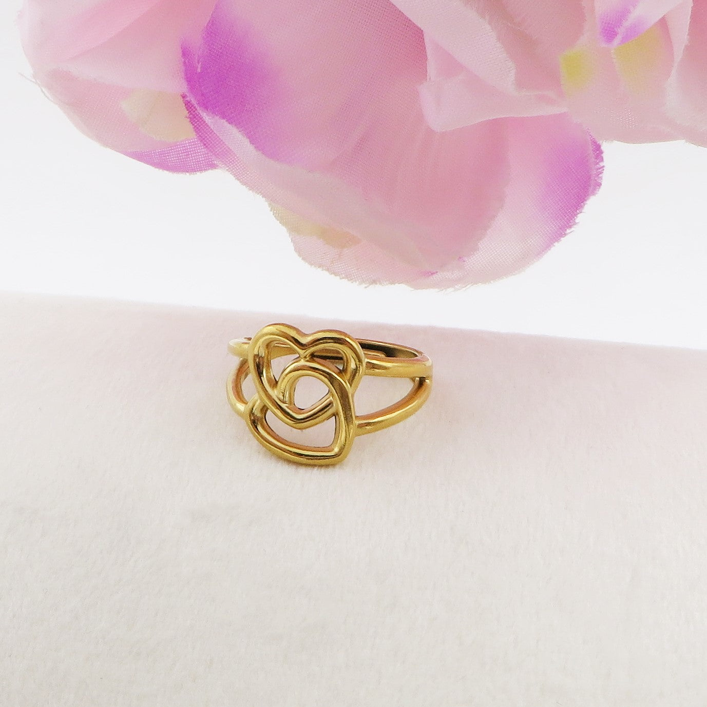 KENDRA Anello doppio cuore placcato oro 18k ~ ACCIAIO INOSSIDABILE misura regolabile
