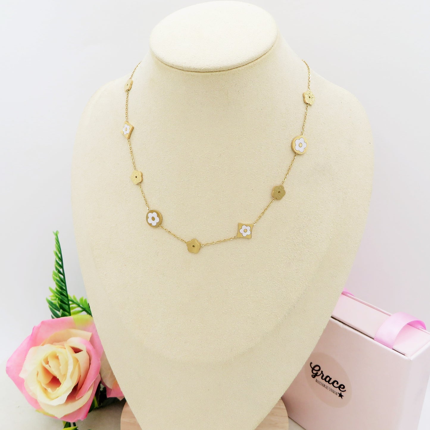 LILY SHINE ~ Collana flowers in ACCIAIO inossidabile smaltato + cubic zirconia