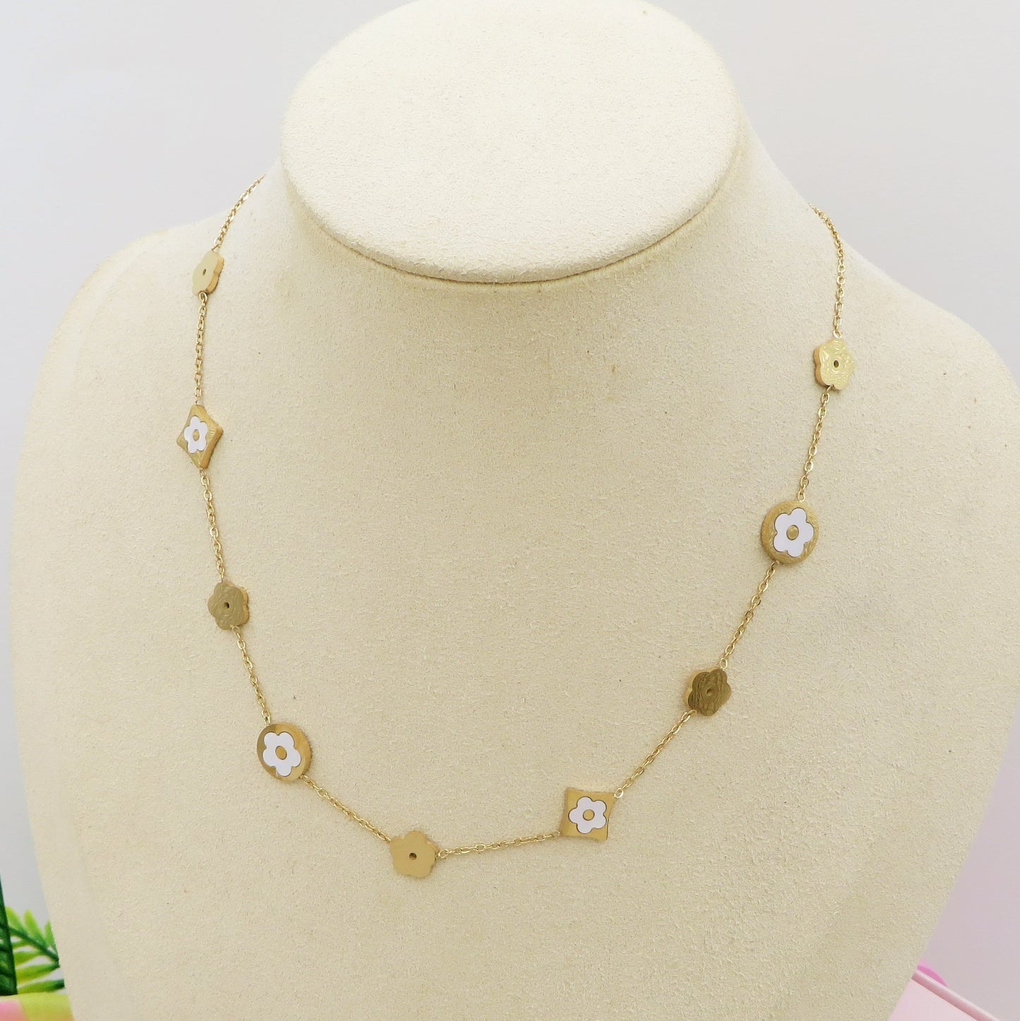 LILY SHINE ~ Collana flowers in ACCIAIO inossidabile smaltato + cubic zirconia