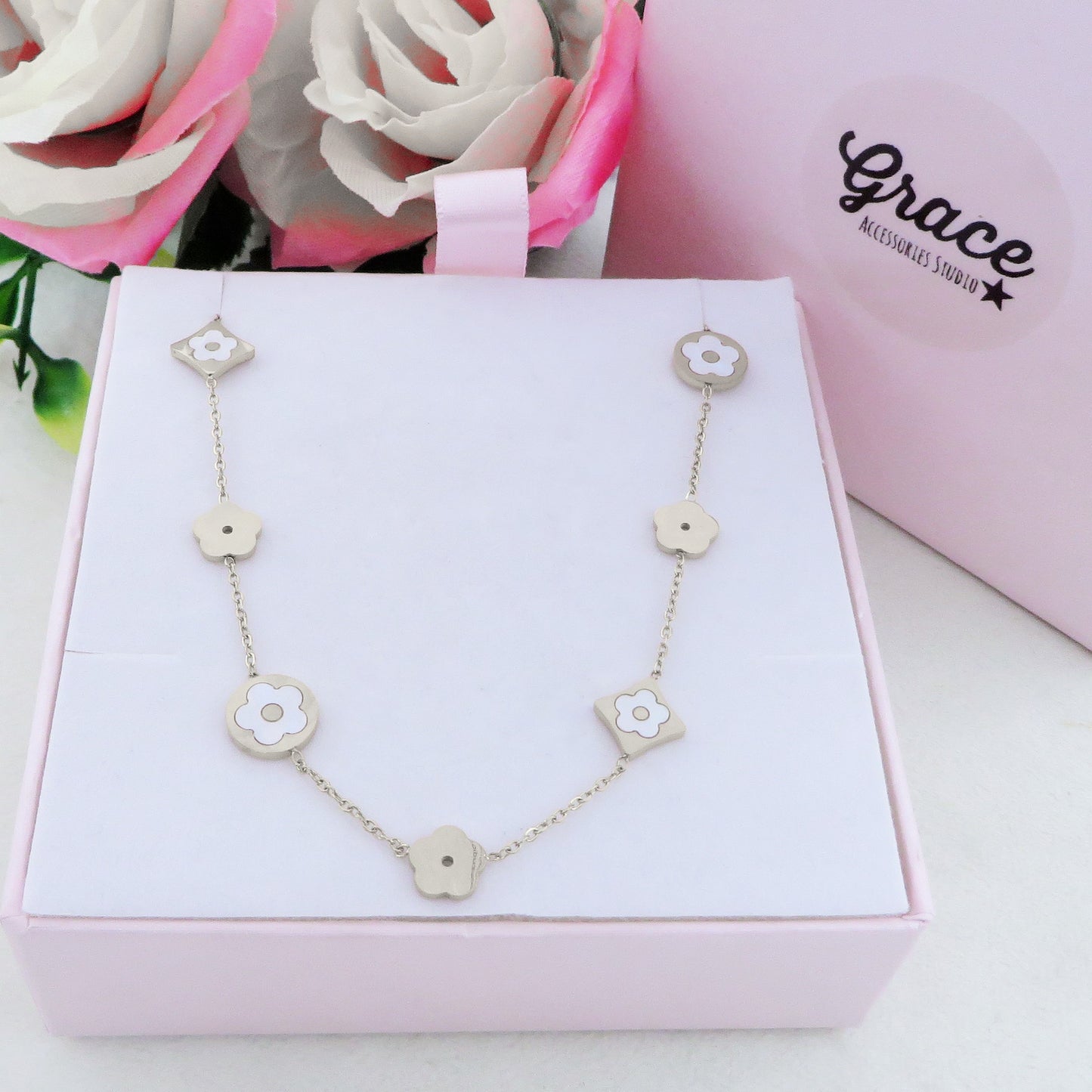 LILY SHINE ~ Collana flowers in ACCIAIO inossidabile smaltato + cubic zirconia