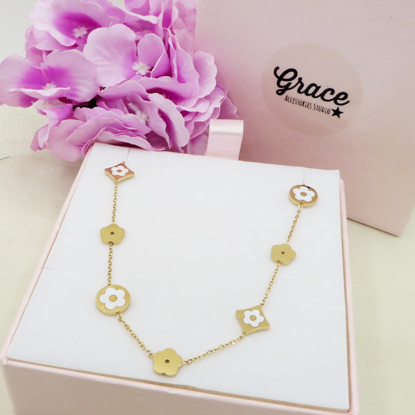 LILY SHINE ~ Collana flowers in ACCIAIO inossidabile smaltato + cubic zirconia
