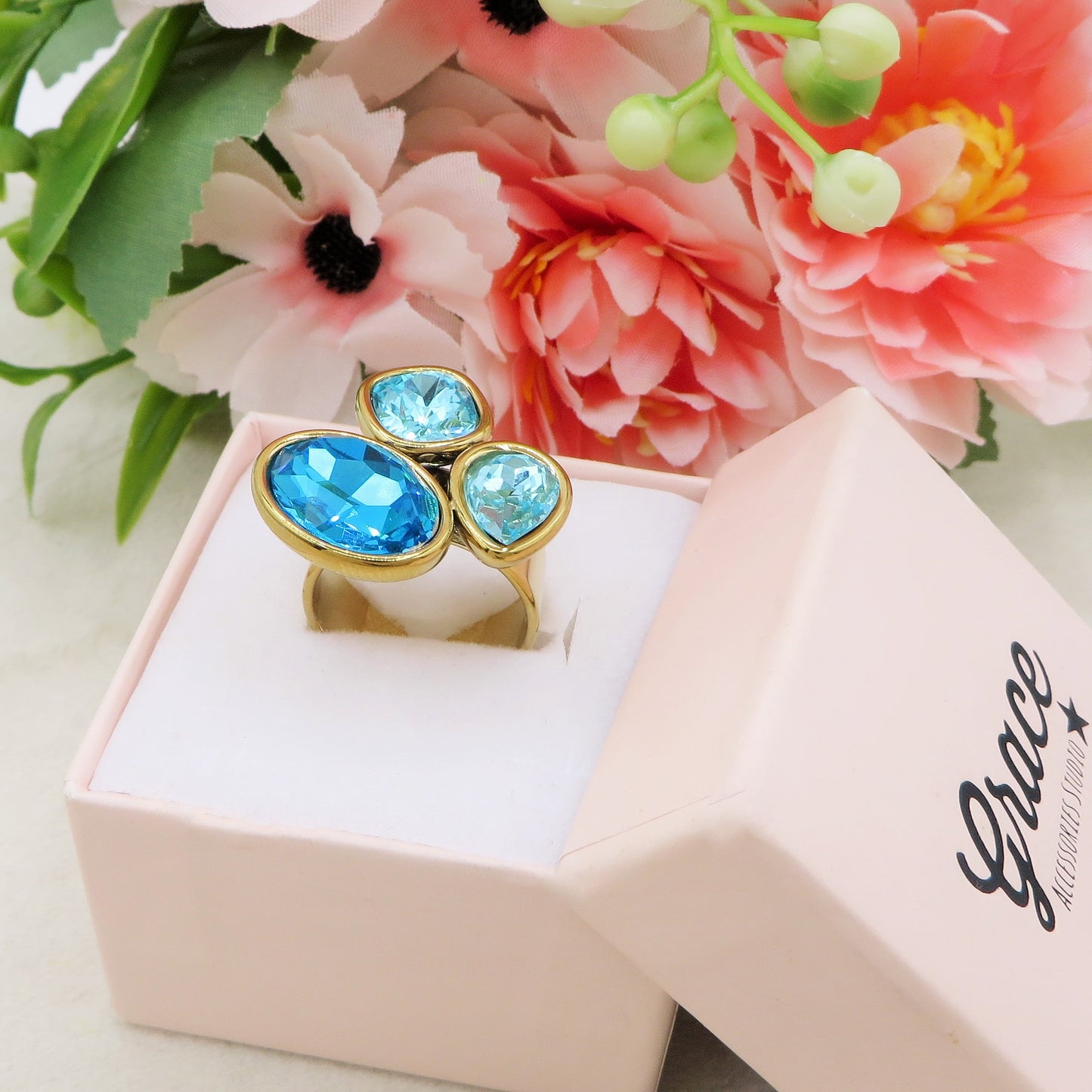 ALINA ~ Anello regolabile in ACCIAIO INOSSIDABILE con maxi pietre