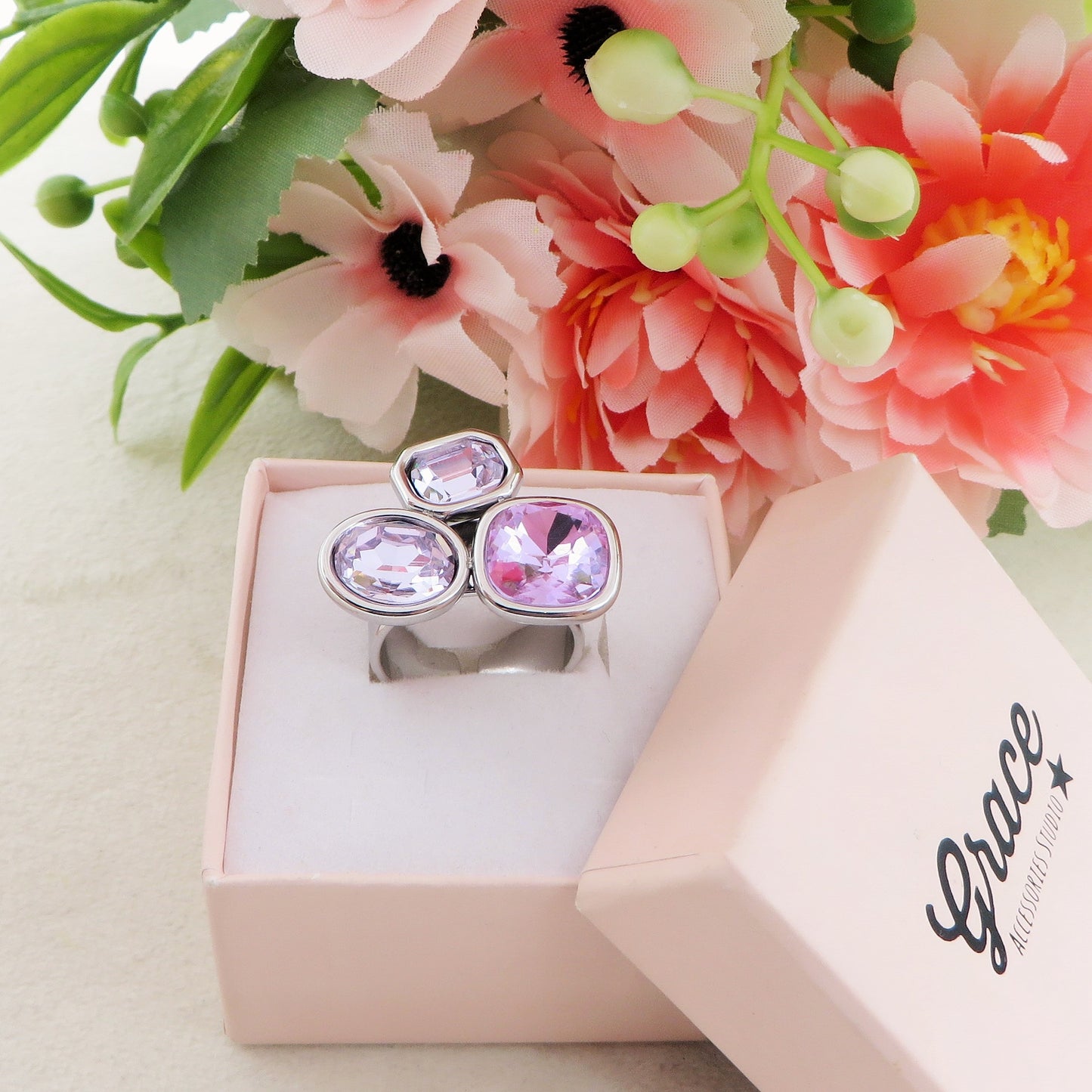 ALINA ~ Anello regolabile in ACCIAIO INOSSIDABILE con maxi pietre