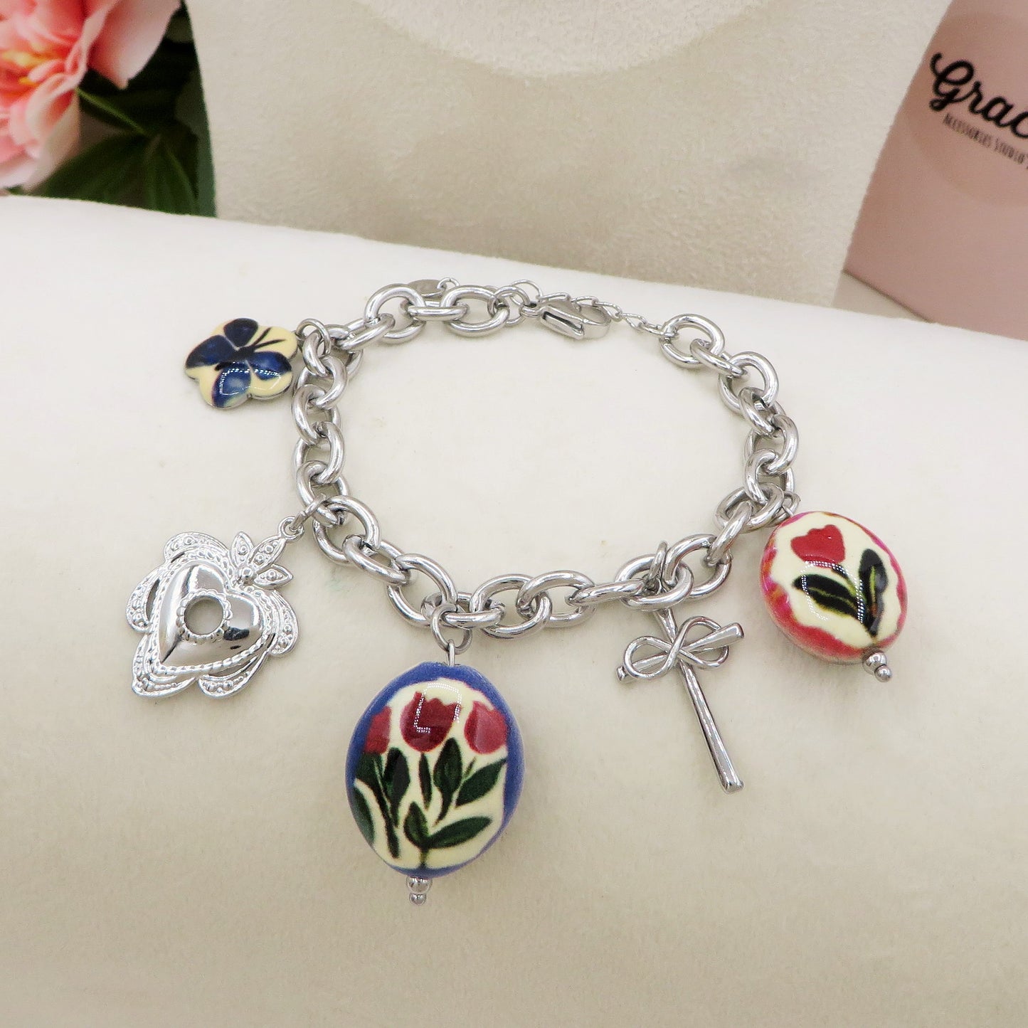 CAROL Bracciale con charms fiori vintage, farfalle e cuori - ACCIAIO INOSSIDABILE