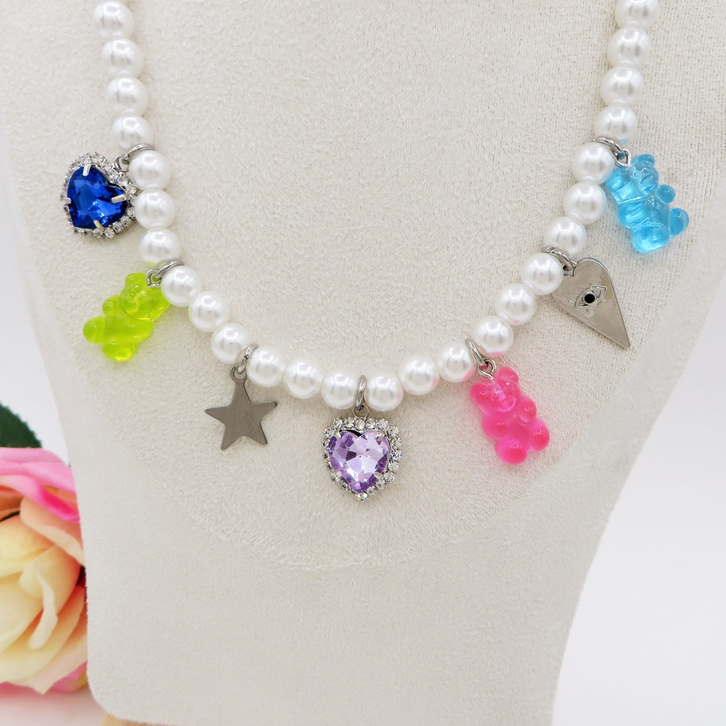 FANTASY - Base silver - Collana perle e charms rainbow
