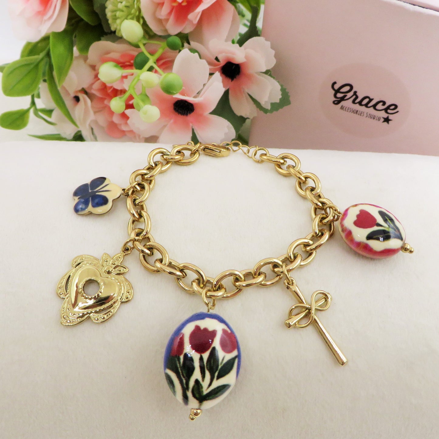 CAROL Bracciale con charms fiori vintage, farfalle e cuori - ACCIAIO INOSSIDABILE