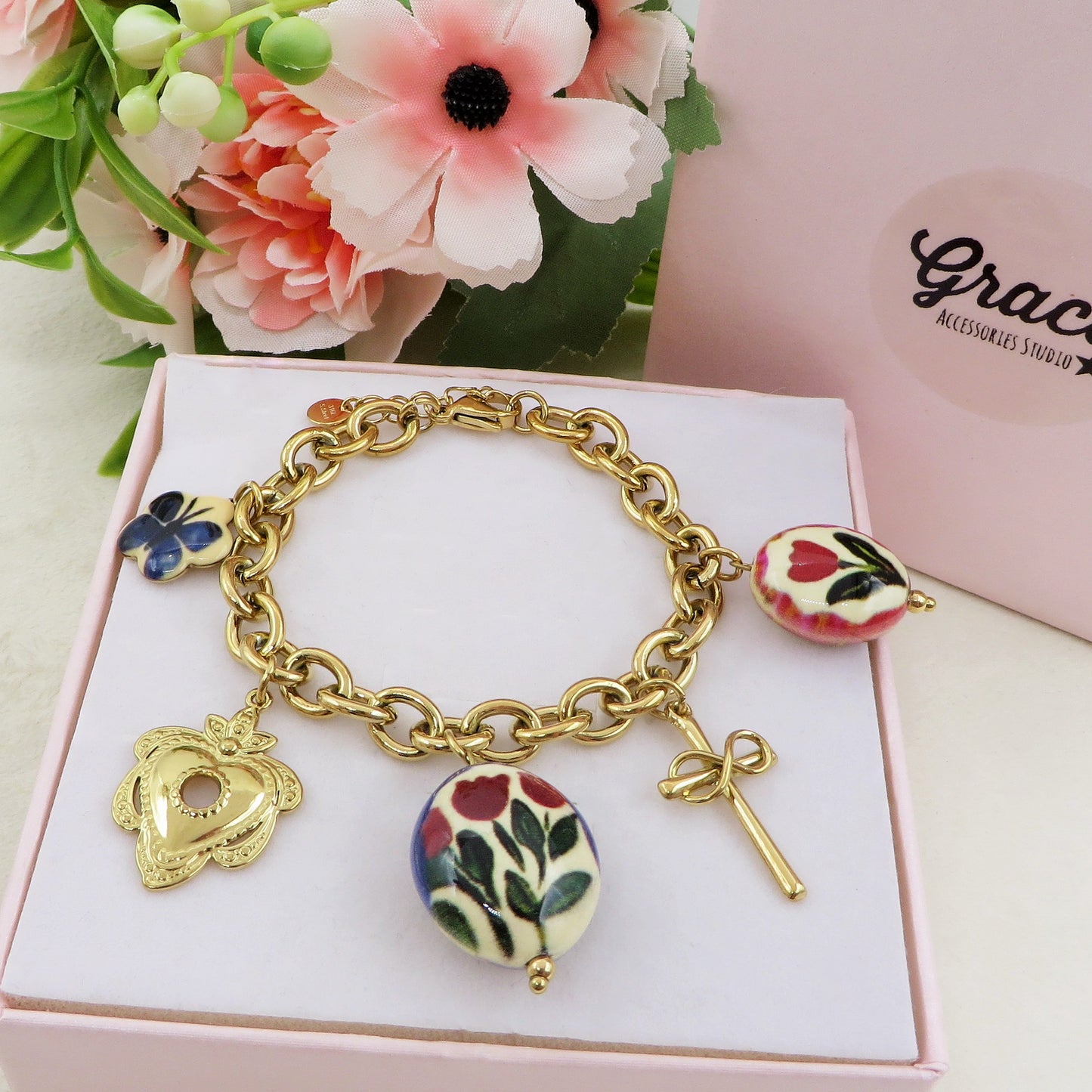 CAROL Bracciale con charms fiori vintage, farfalle e cuori - ACCIAIO INOSSIDABILE
