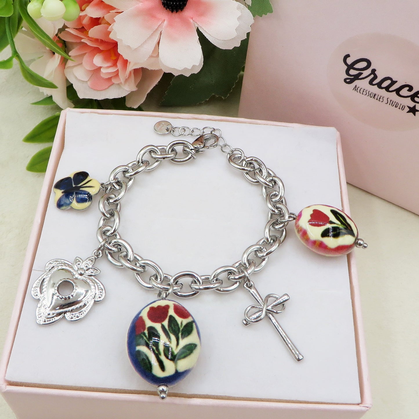 CAROL Bracciale con charms fiori vintage, farfalle e cuori - ACCIAIO INOSSIDABILE