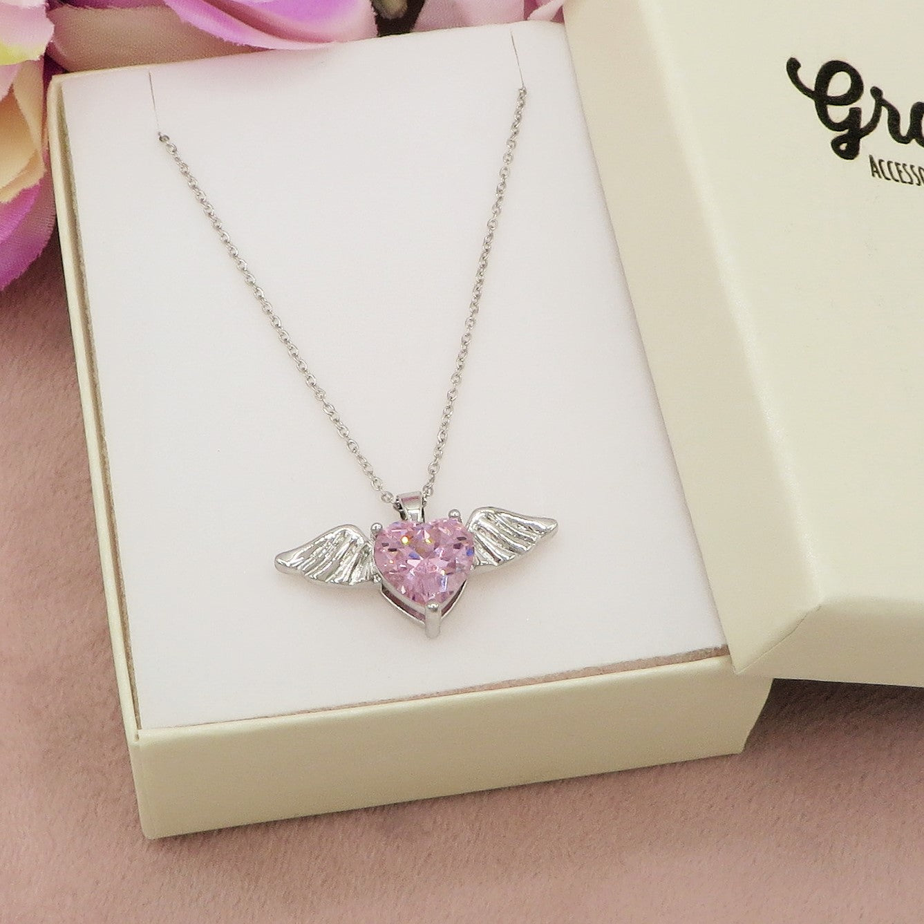 ANGEL - ACCIAIO INOSSIDABILE- collana con pendente CUORE con ali in cubic zirconia