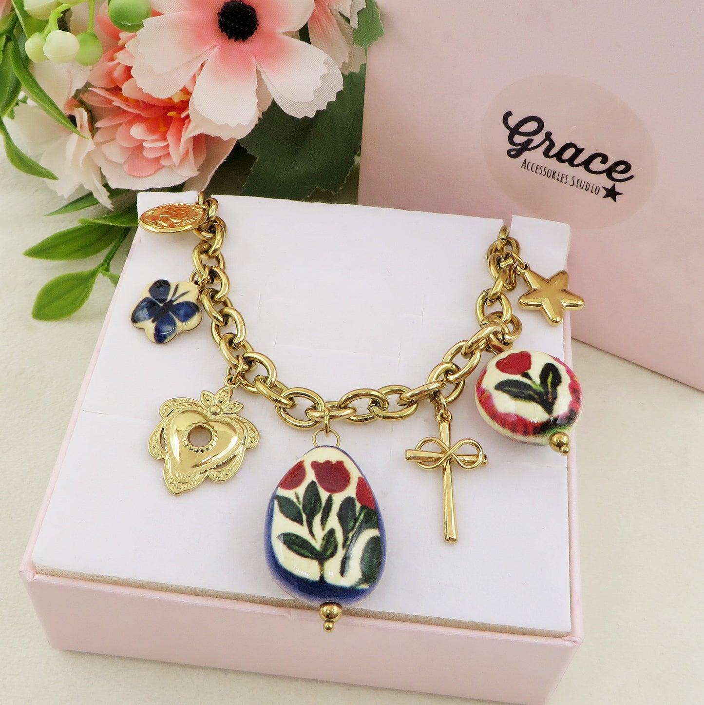 CAROL Collana con charms fiori vintage, farfalle e cuori - ACCIAIO INOSSIDABILE