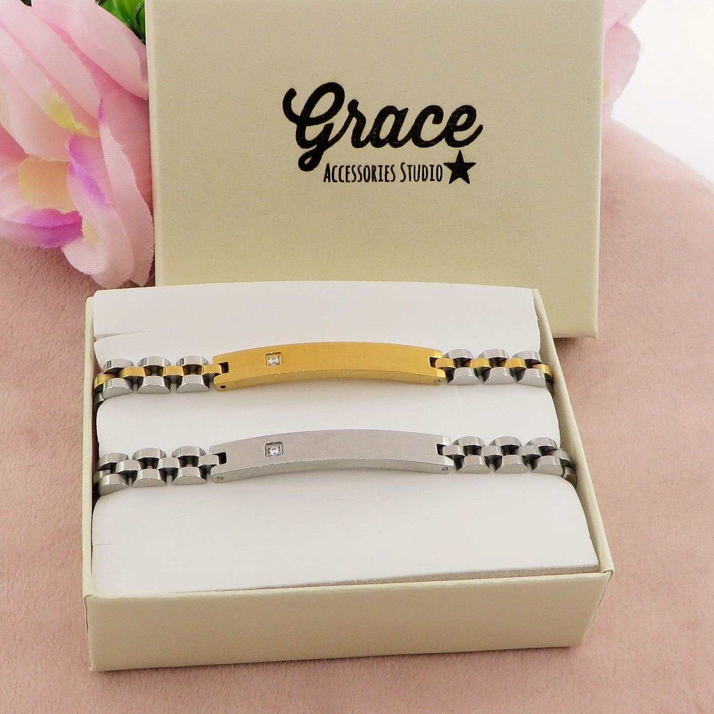 SET " YOU & ME " ~ 2 BRACCIALI lui e lei in acciaio inossidabile con INCISIONE PERSONALIZZATA