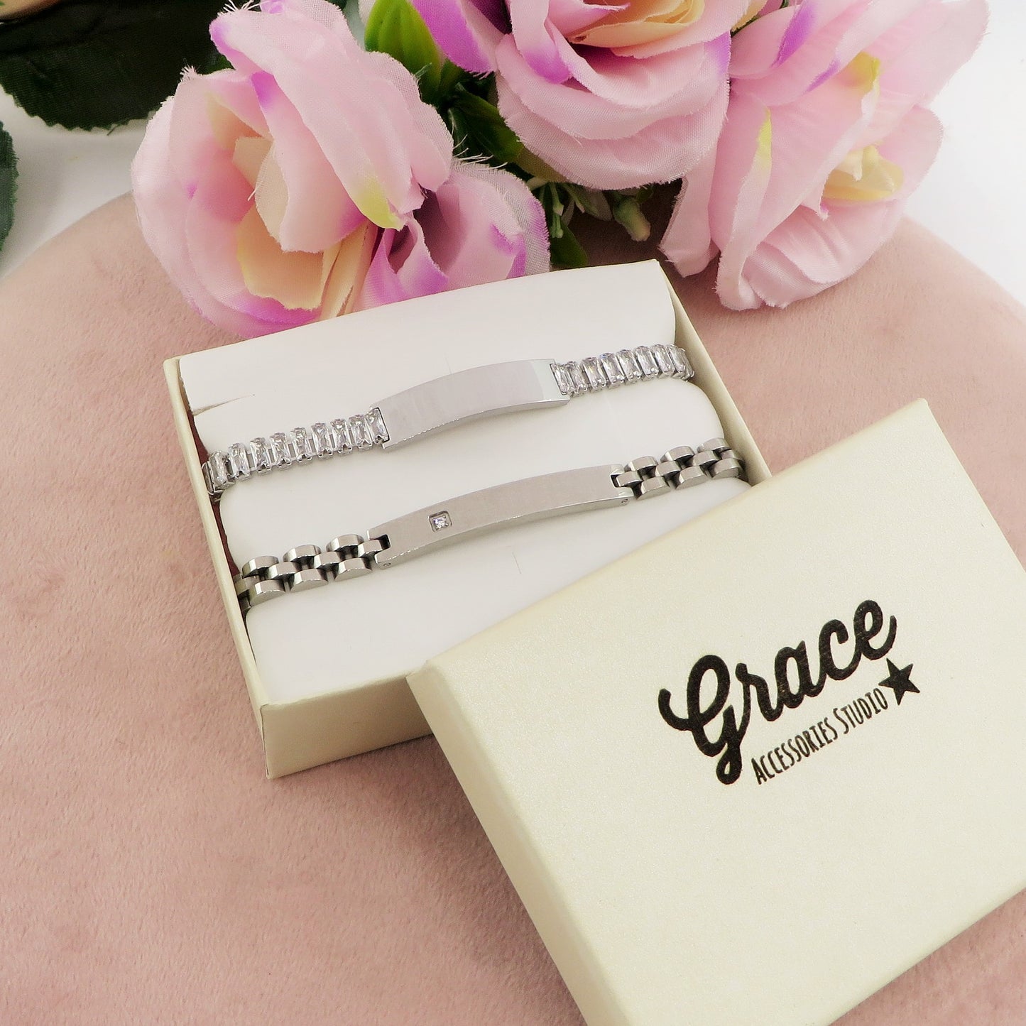 SET " YOU & ME " ~ 2 BRACCIALI lui e lei in acciaio inossidabile con INCISIONE PERSONALIZZATA