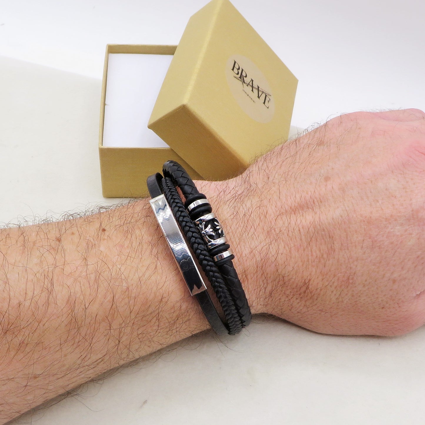 ODIN - BRACCIALE triplo uomo PELLE, CAUCCIU' E ACCIAIO con placca