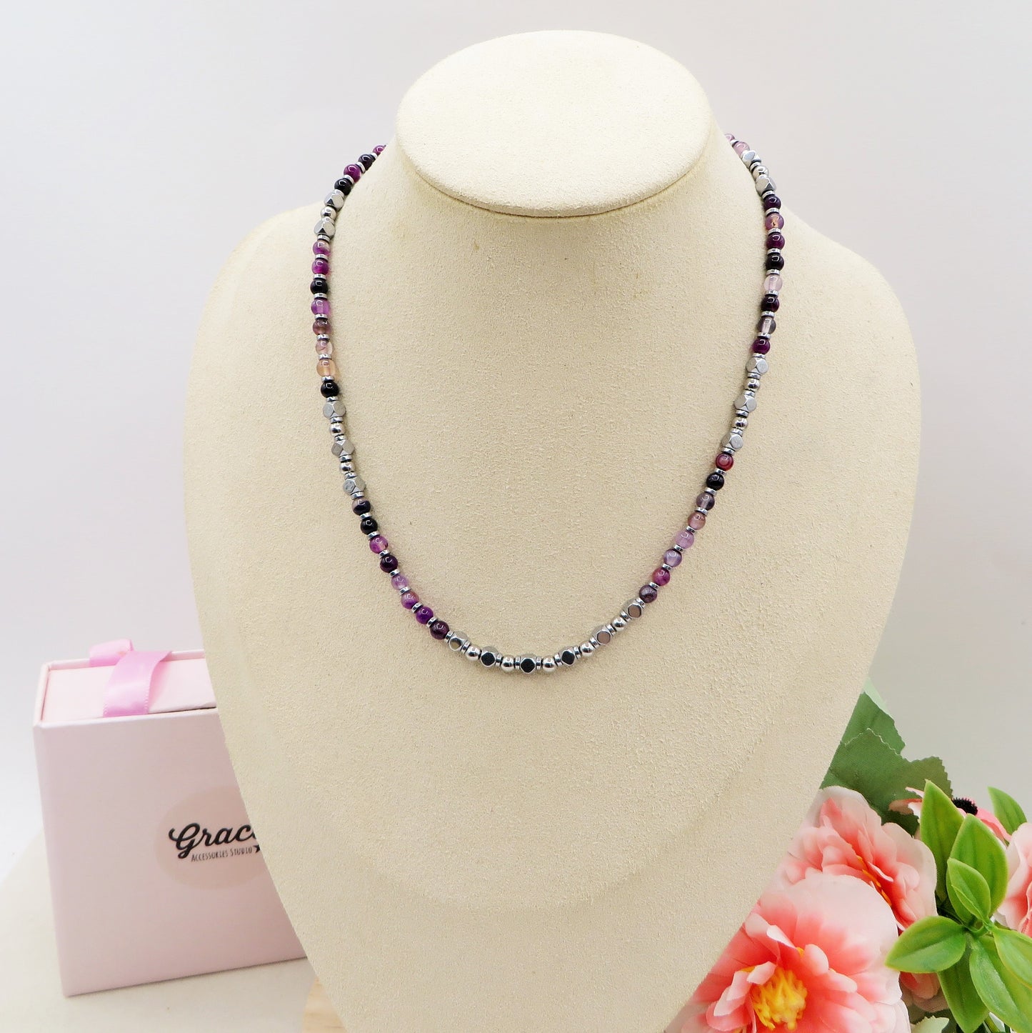 CUBETTI + AMETISTA ~ Collana in ACCIAIO INOSSIDABILE e pietre naturali