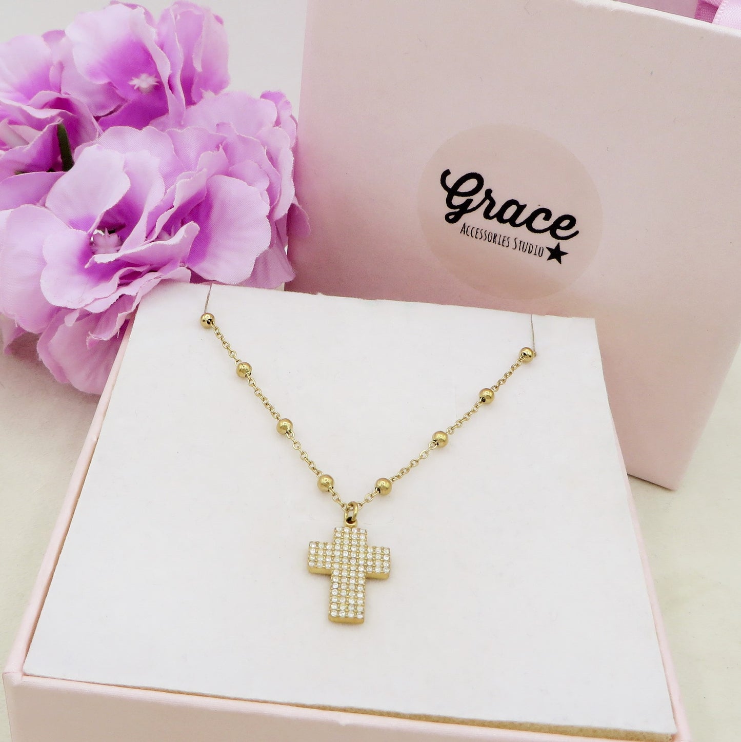 PHOEBE ROSARY - ACCIAIO INOSSIDABILE - Collana con pendente croce squadrata in cubic zirconia