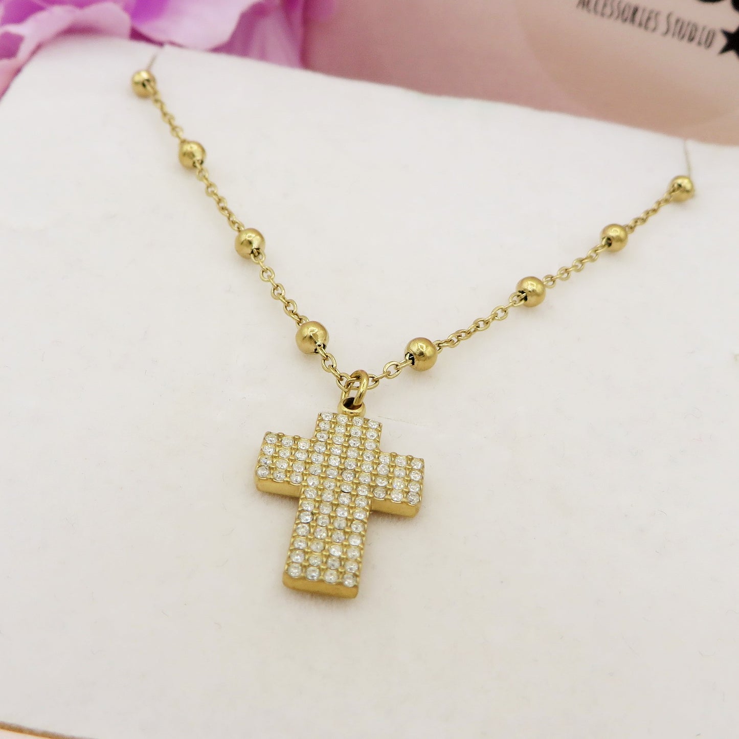 PHOEBE ROSARY - ACCIAIO INOSSIDABILE - Collana con pendente croce squadrata in cubic zirconia