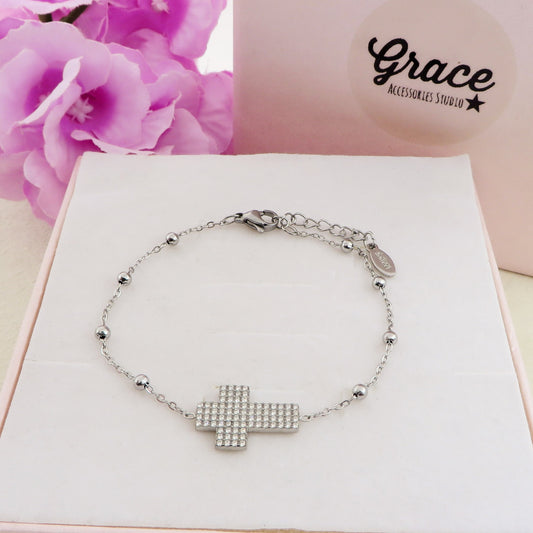 PHOEBE ROSARY - ACCIAIO INOSSIDABILE - Bracciale con croce squadrata in cubic zirconia