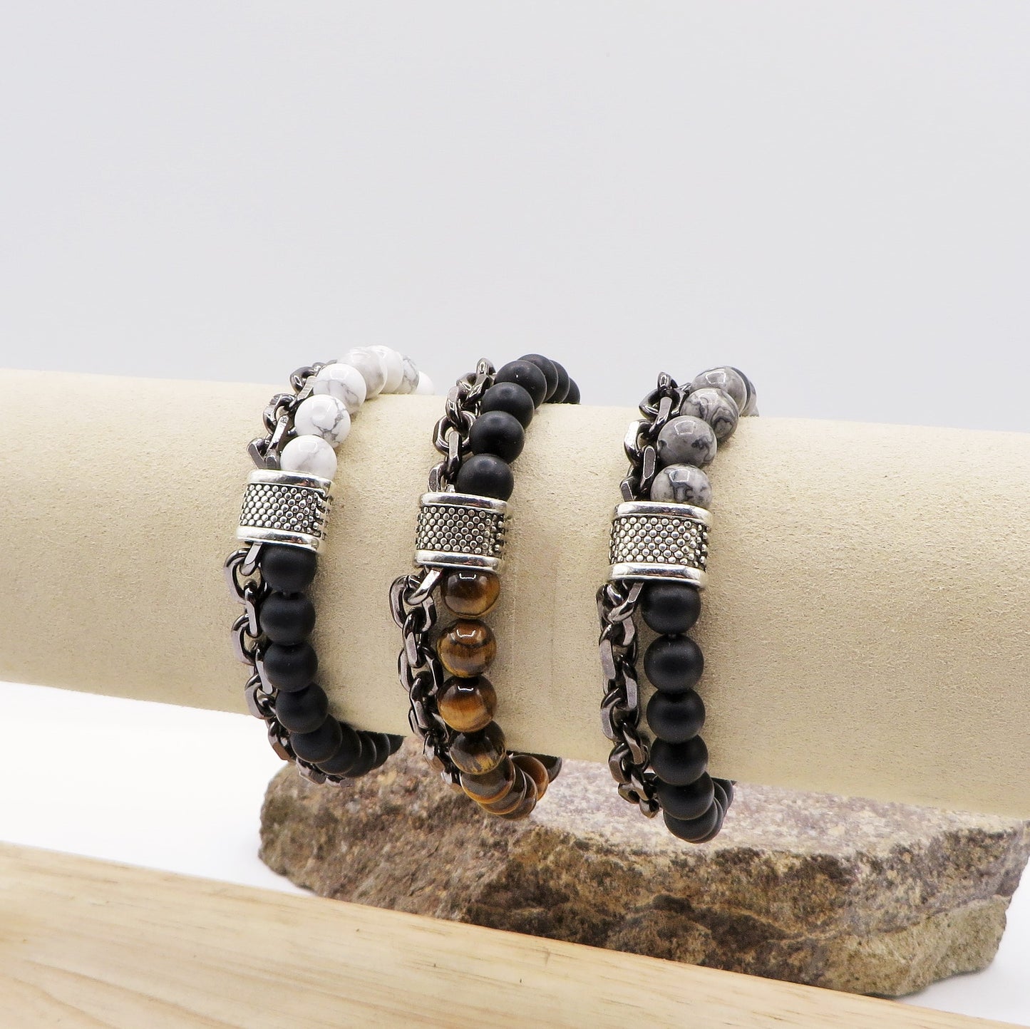 Bracciale uomo catena + perle in pietra dura - ACCIAIO INOSSIDABILE
