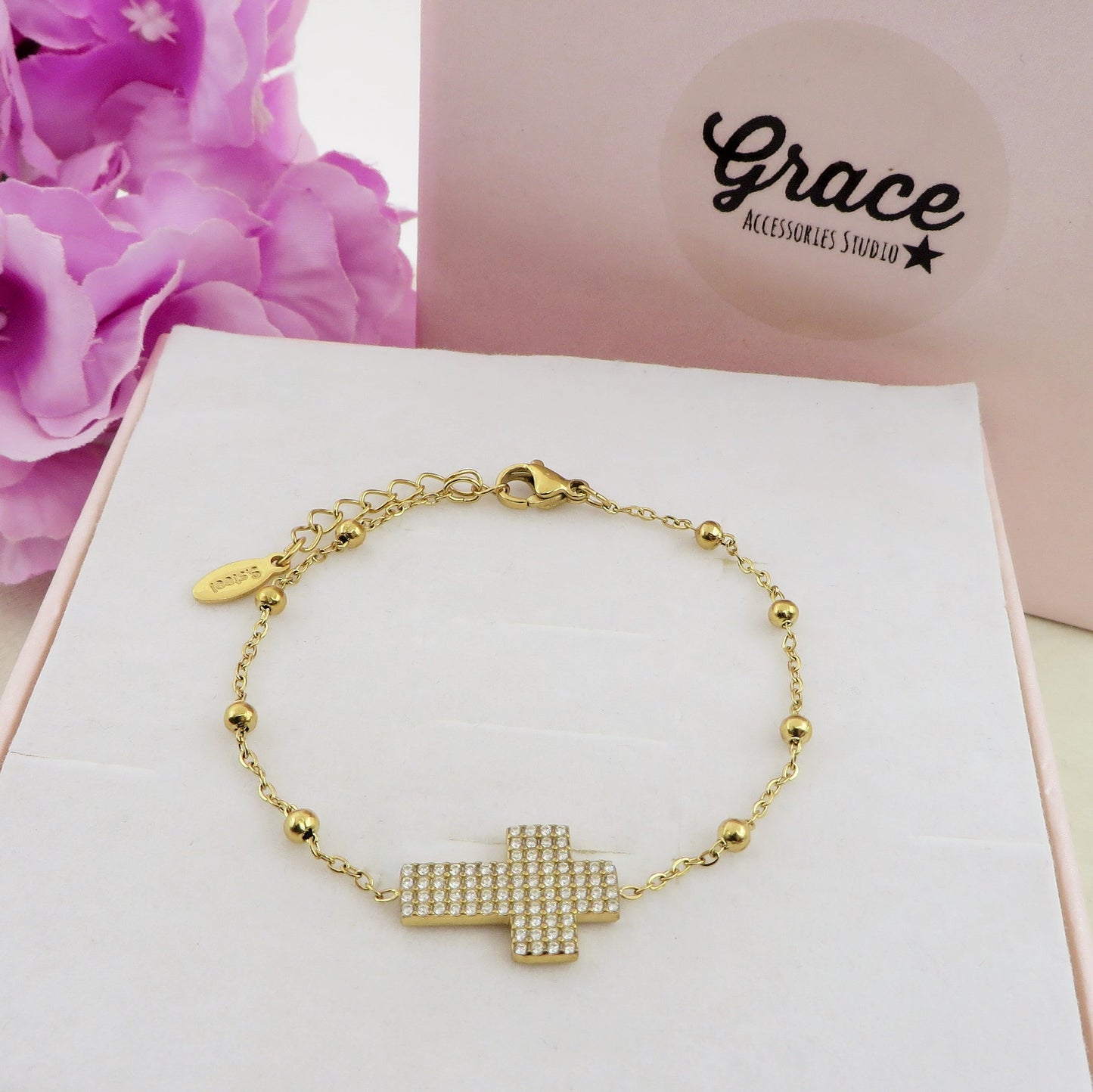 PHOEBE ROSARY - ACCIAIO INOSSIDABILE - Bracciale con croce squadrata in cubic zirconia