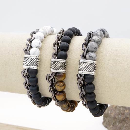 Bracciale uomo catena + perle in pietra dura - ACCIAIO INOSSIDABILE