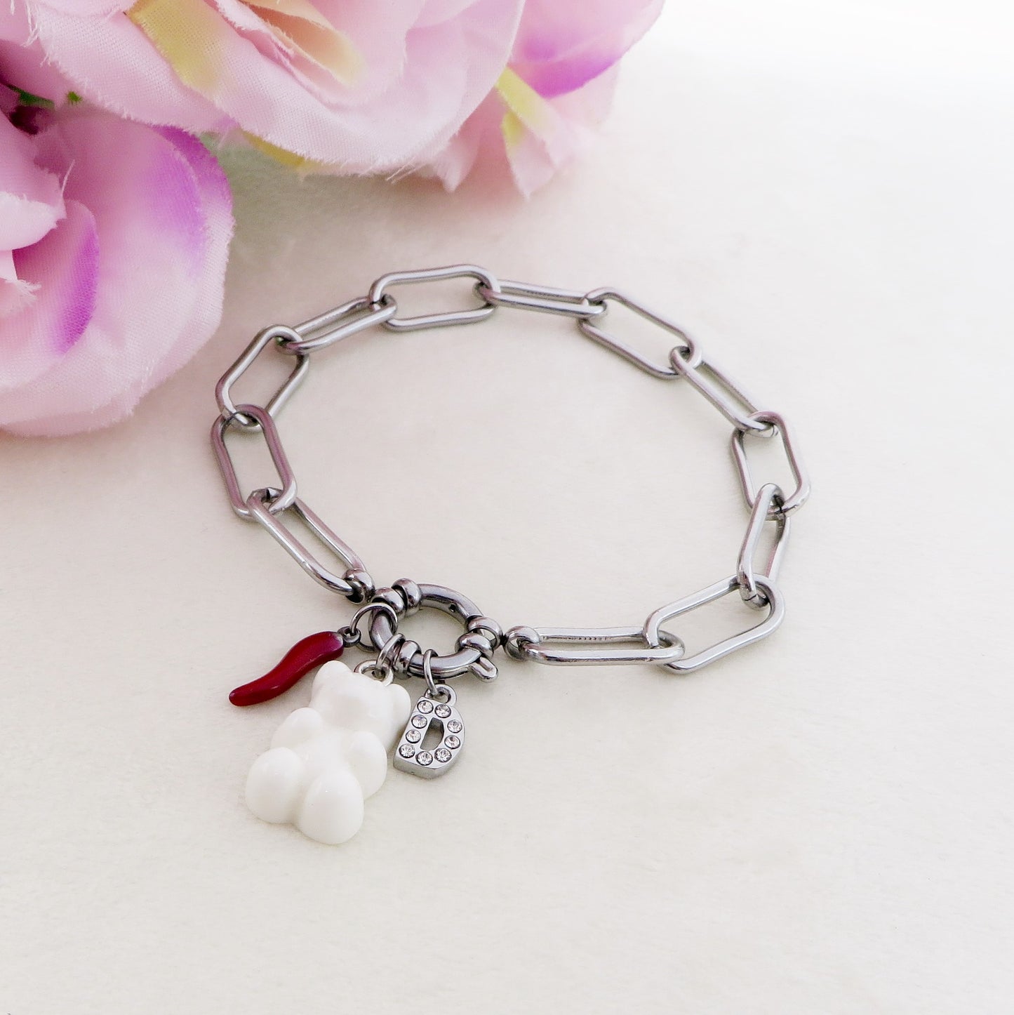 WINONA ~ ACCIAIO INOSSIDABILE Bracciale catena + timone e Teddy colorato