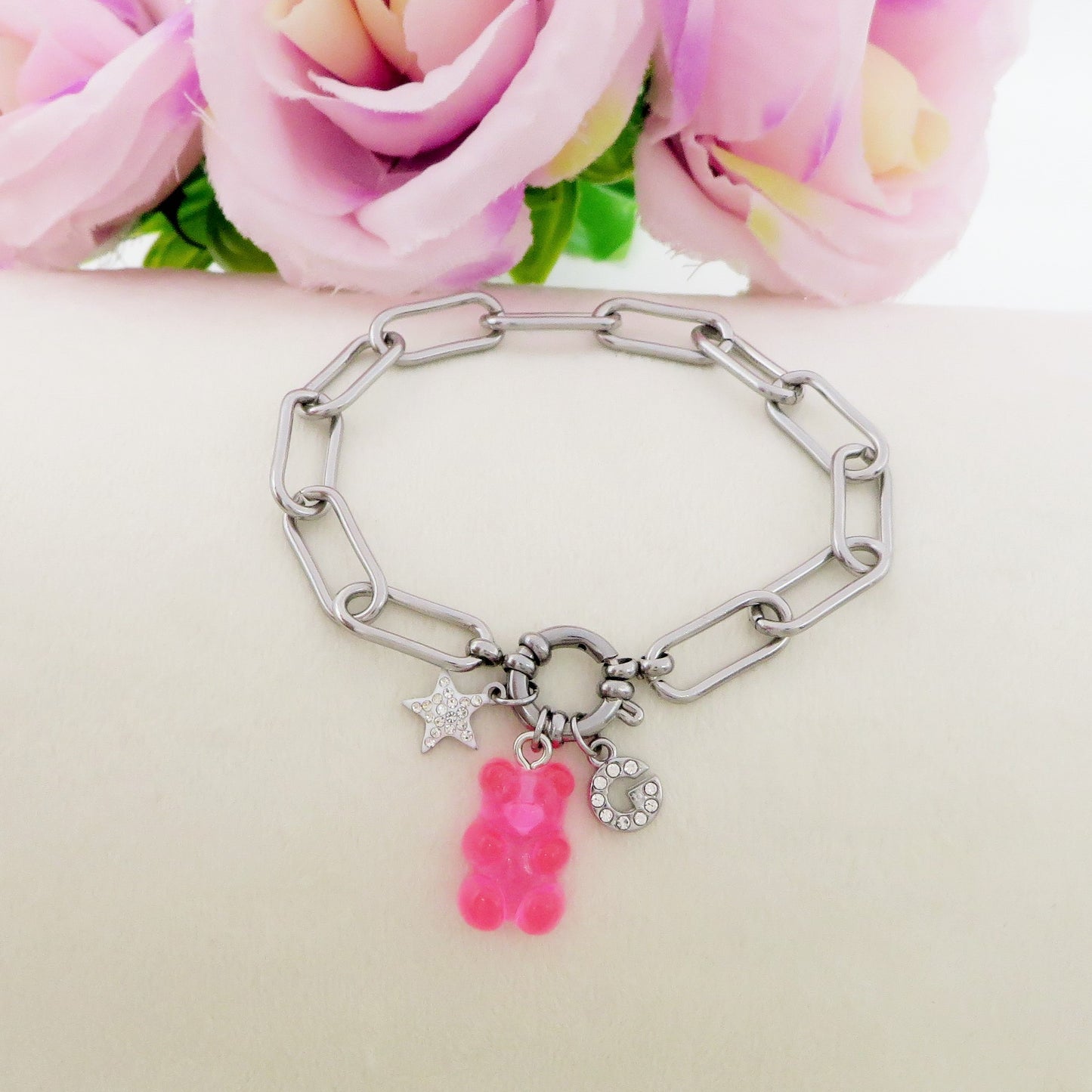 WINONA ~ ACCIAIO INOSSIDABILE Bracciale catena + timone e Teddy colorato