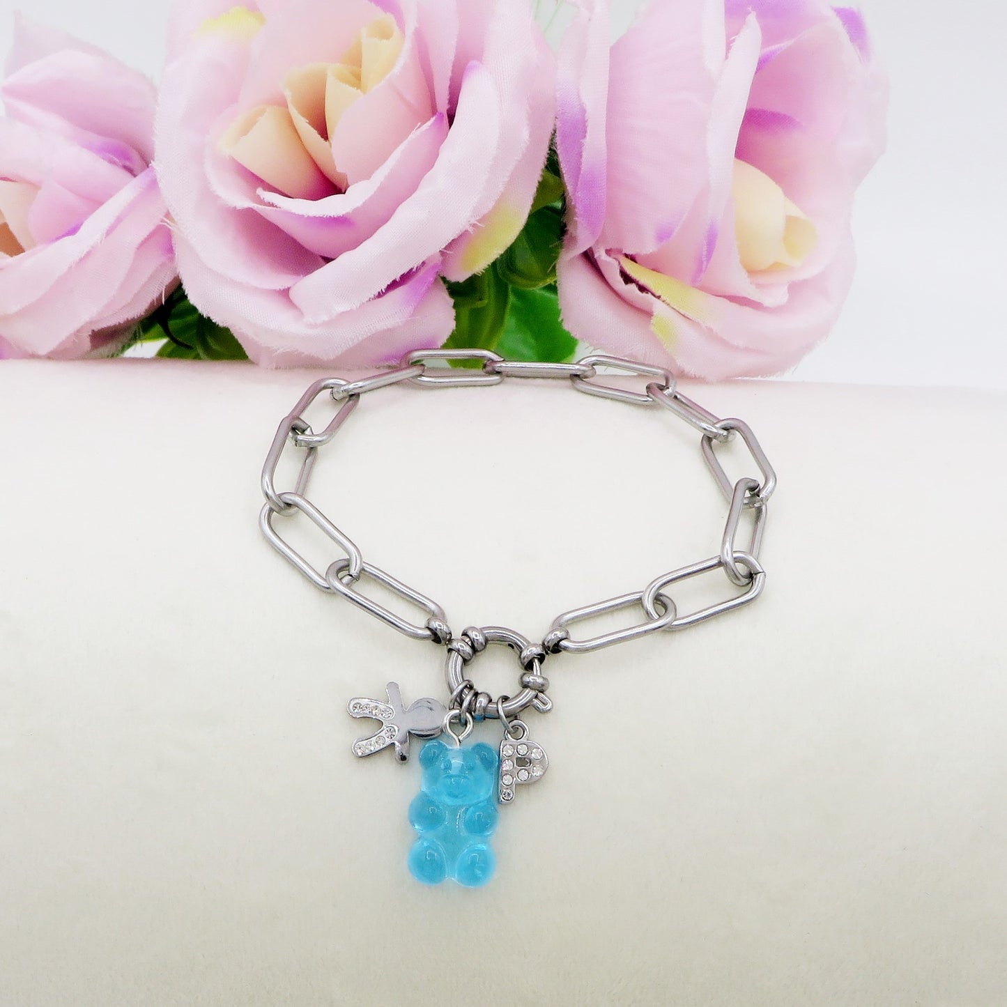WINONA ~ ACCIAIO INOSSIDABILE Bracciale catena + timone e Teddy colorato
