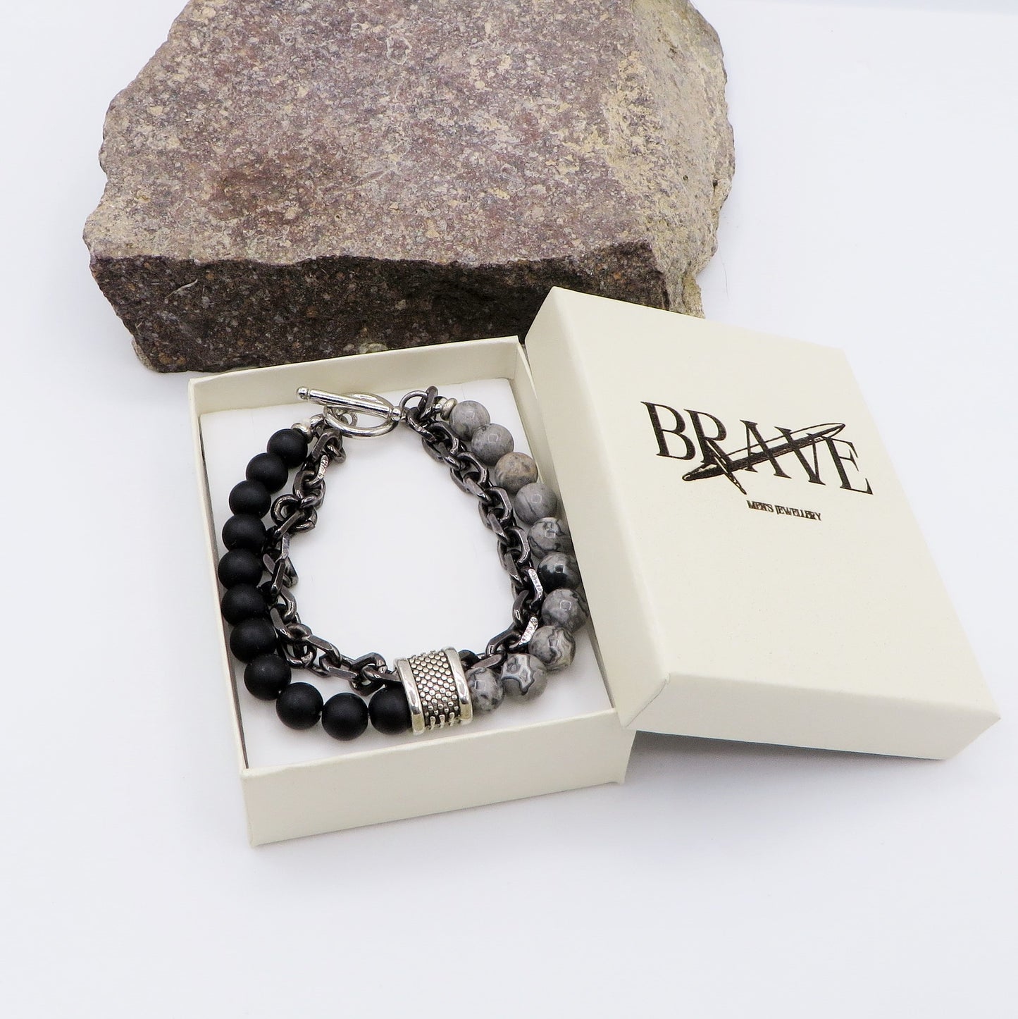 Bracciale uomo catena + perle in pietra dura - ACCIAIO INOSSIDABILE