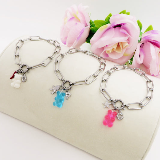 WINONA ~ ACCIAIO INOSSIDABILE Bracciale catena + timone e Teddy colorato