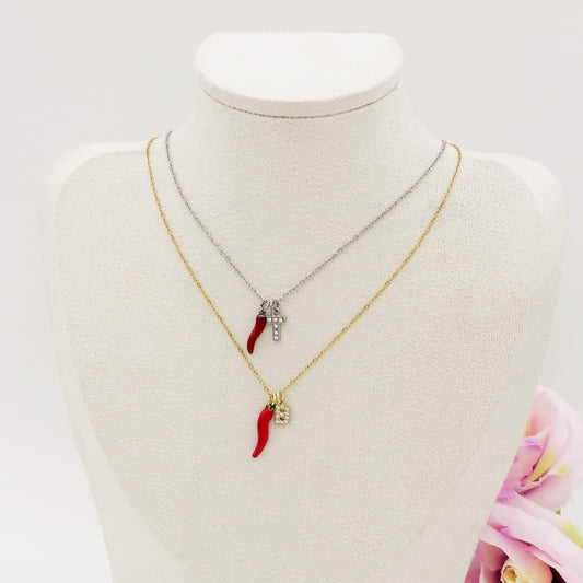 LUCKY INITIAL - Collana Corno + MINI INIZIALE Zirconata in Acciaio inossidabile