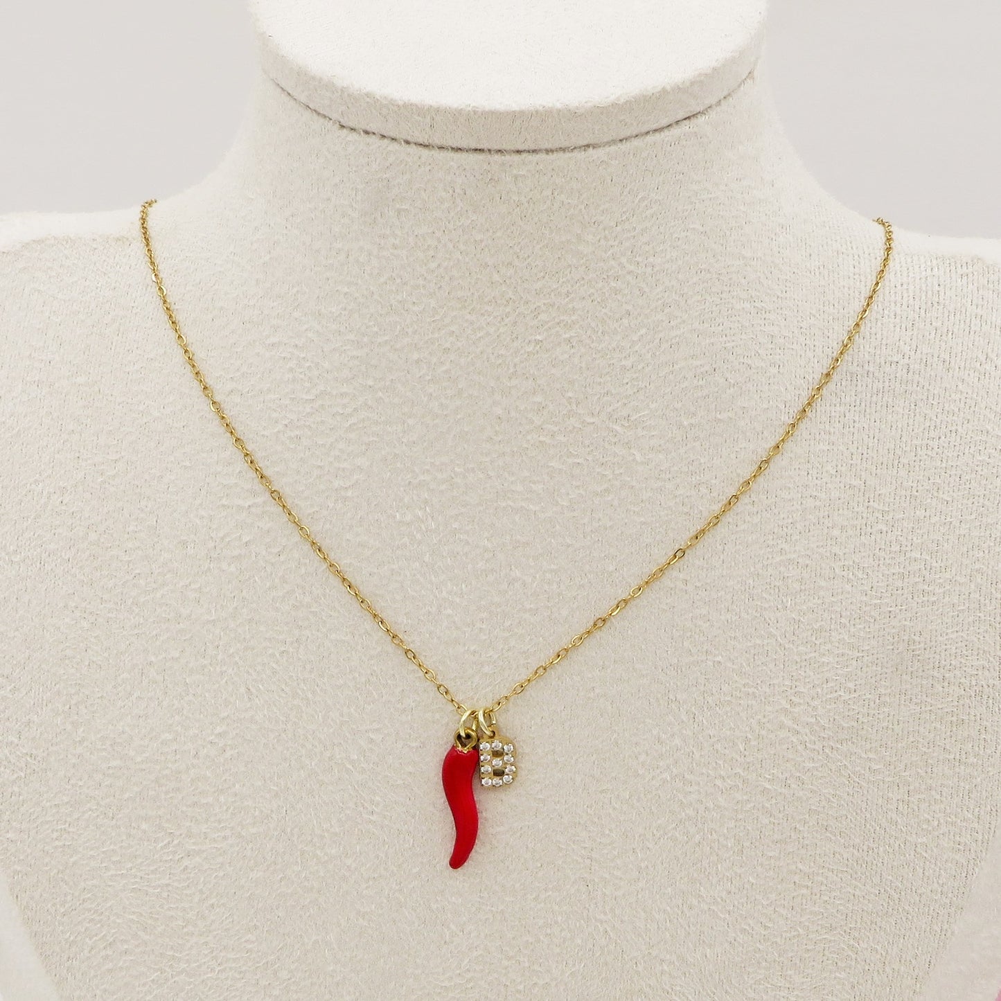LUCKY INITIAL - Collana Corno + MINI INIZIALE Zirconata in Acciaio inossidabile